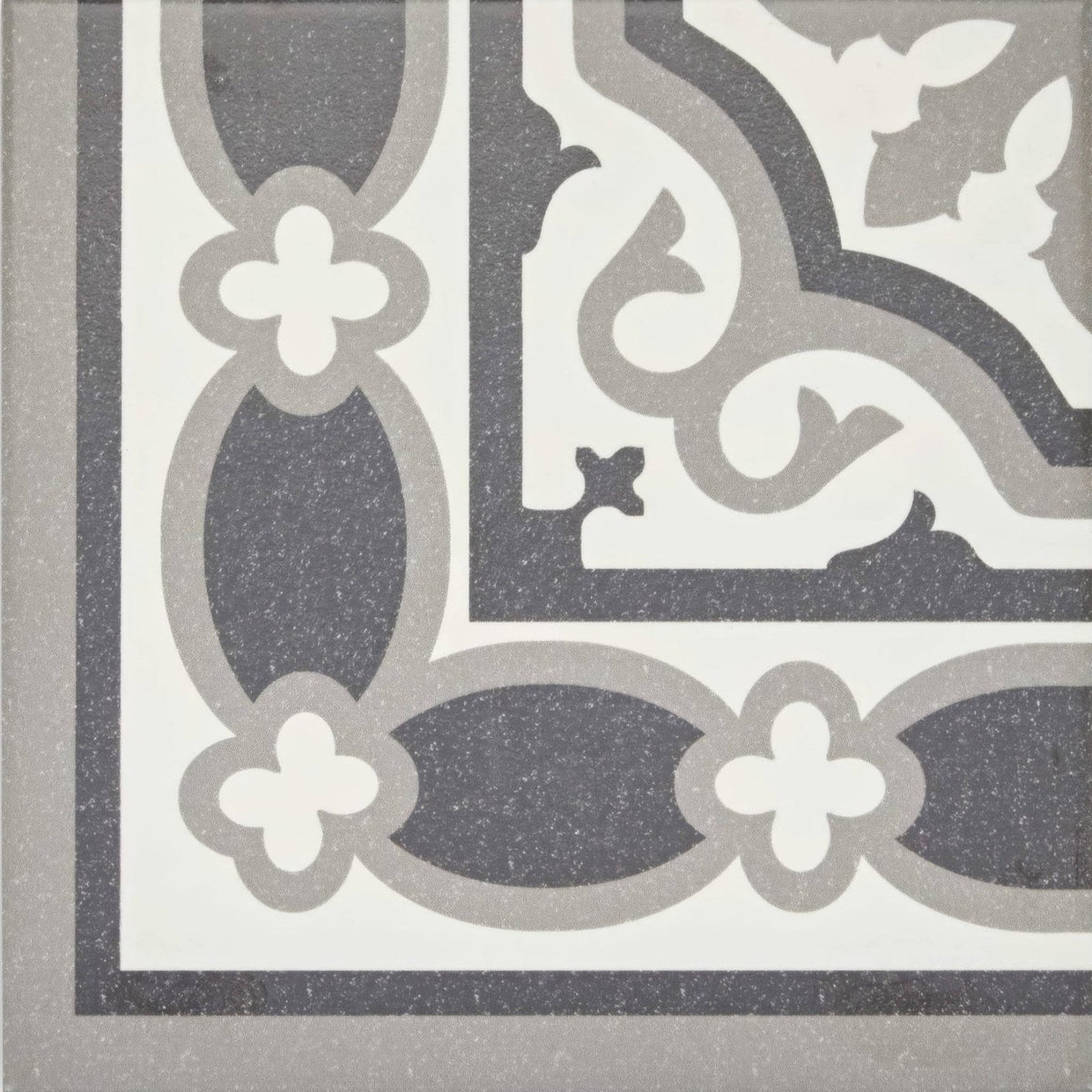 Gray and white ornate patterned ceramic abbey waverley corner tile with vintage floral motifs and scrollwork design