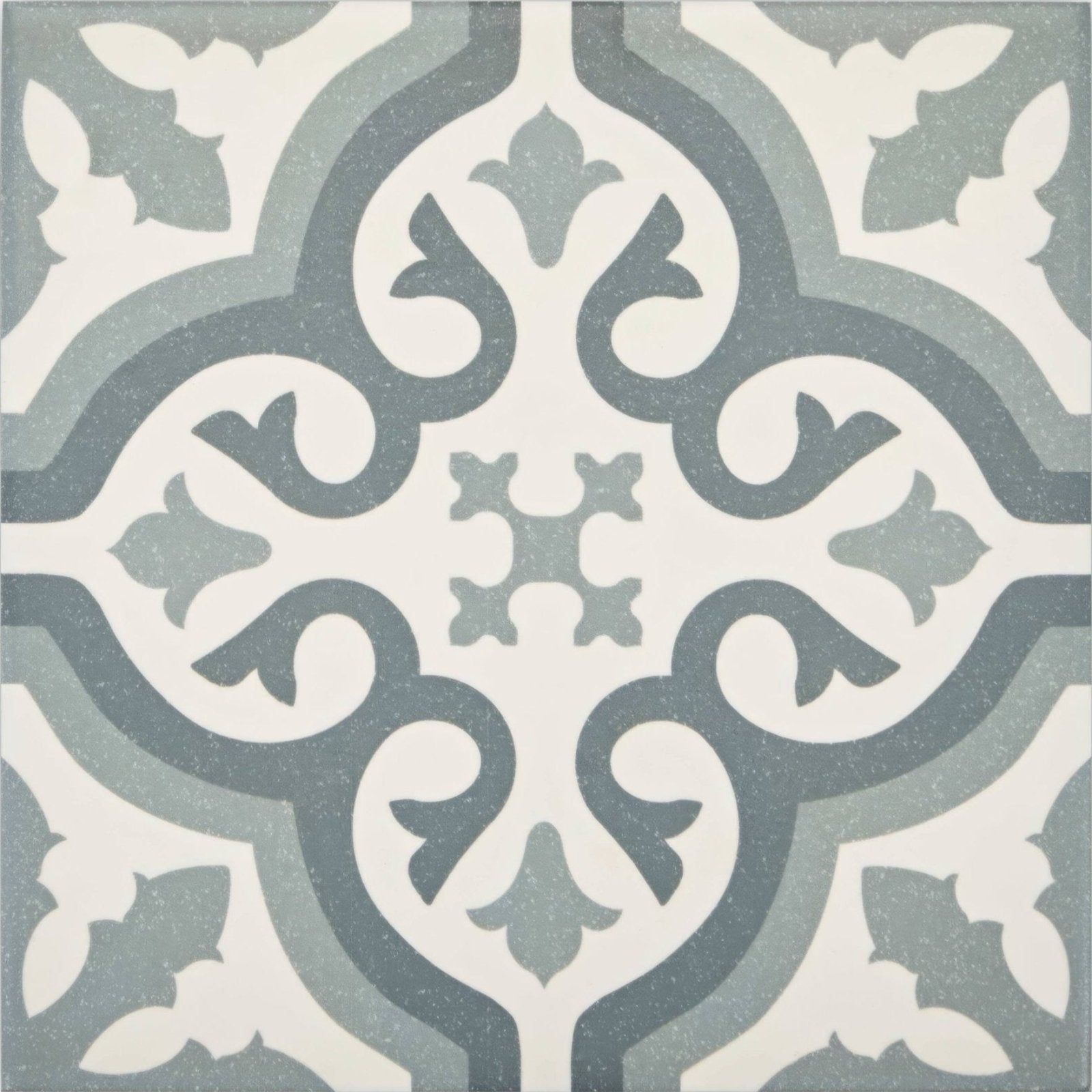 Abbey wrightington patterned tile showing gray and white ornate vintage-inspired ceramic design for home decor
