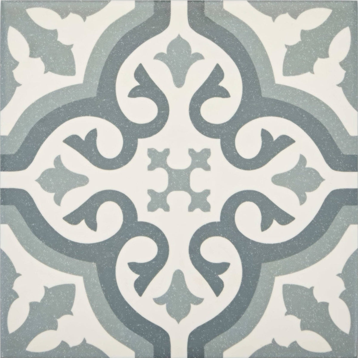Abbey wrightington patterned tile showing gray and white ornate vintage-inspired ceramic design for home decor