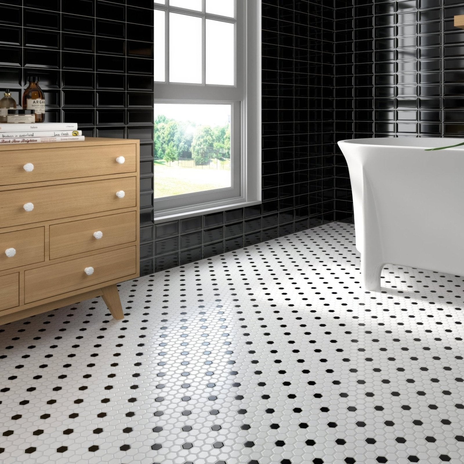 Black and white hexagonal mosaic tile floor abbot 26 x 30cm ideal for stylish indoor flooring designs