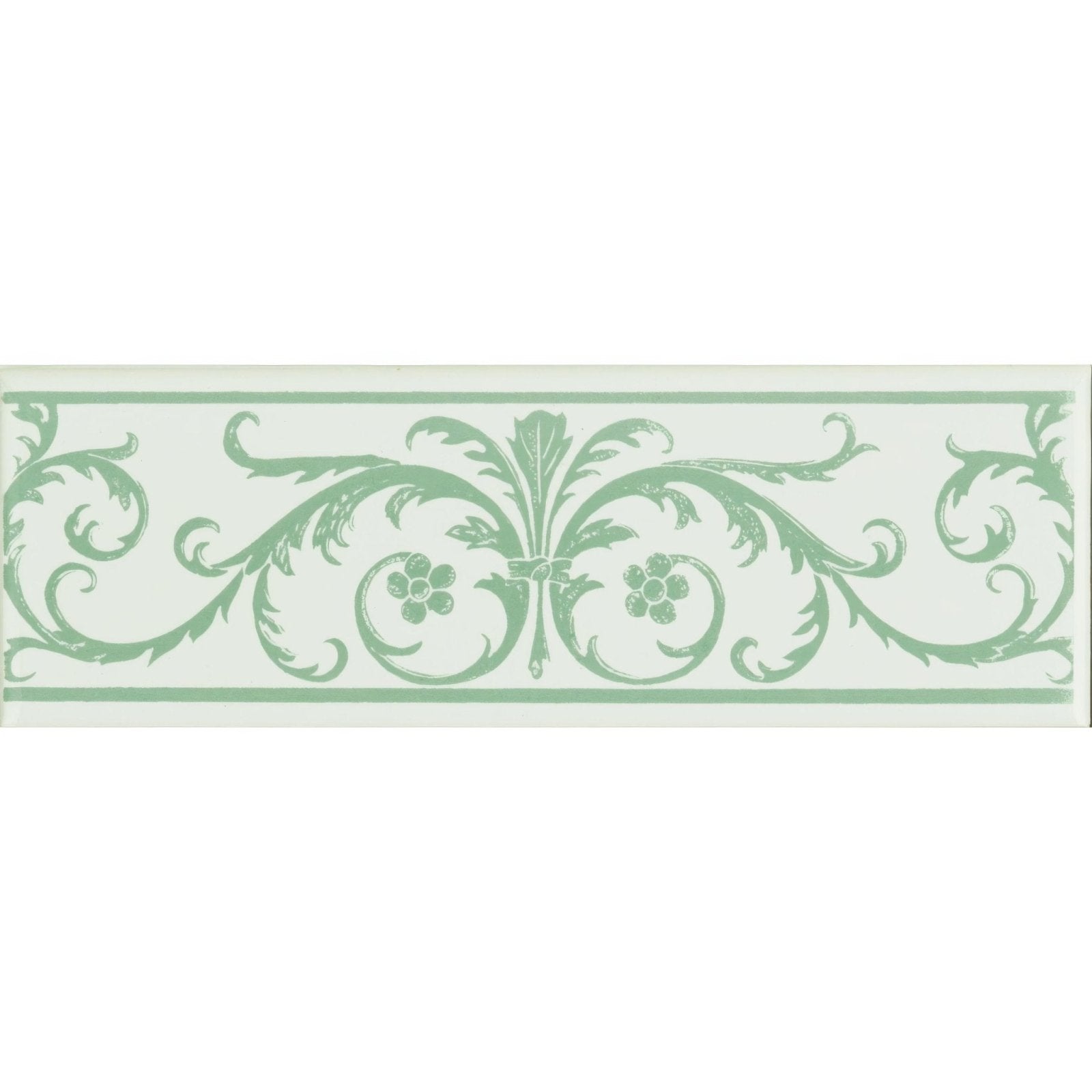 A rectangular green and white decorative border with an ornate acanthus floral pattern called jade breeze on brilliant white