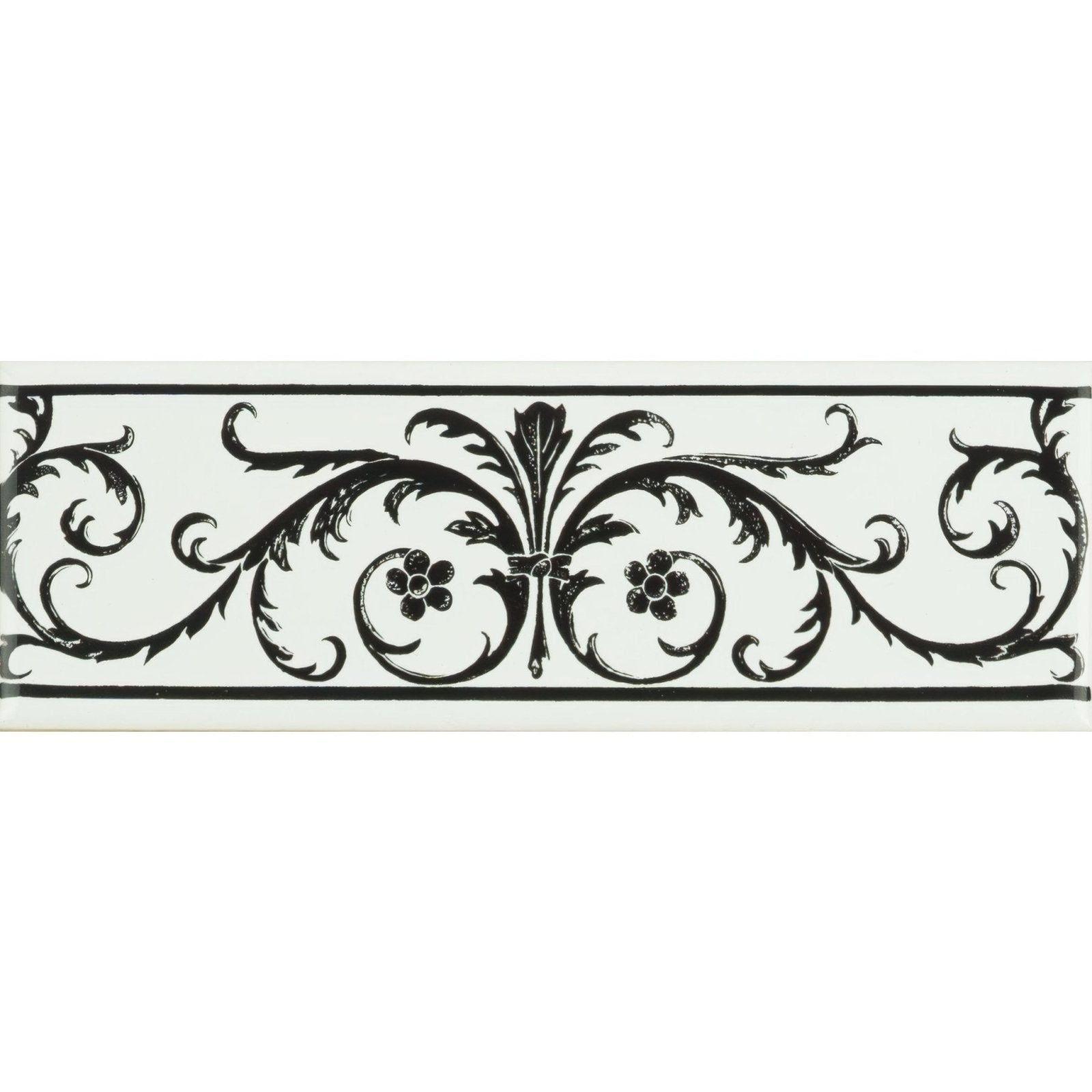 Acanthus jet black on brilliant white black and white ornate border tile with intricate floral and scrollwork design