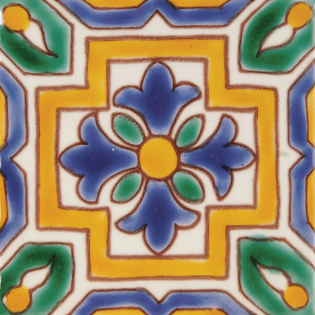 Acapulco Alva 10x10cm vibrant hand painted ceramic tile with symmetrical deep blue floral design and yellow outlines