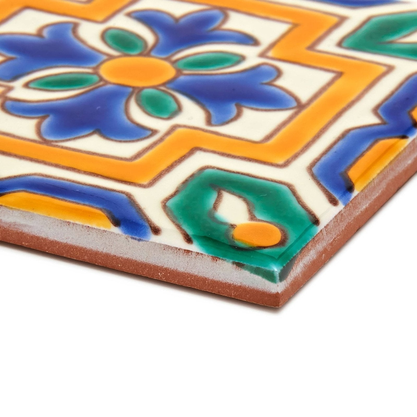 Acapulco alva 10x10cm vibrant hand-painted ceramic tile with blue green floral design and orange geometric border