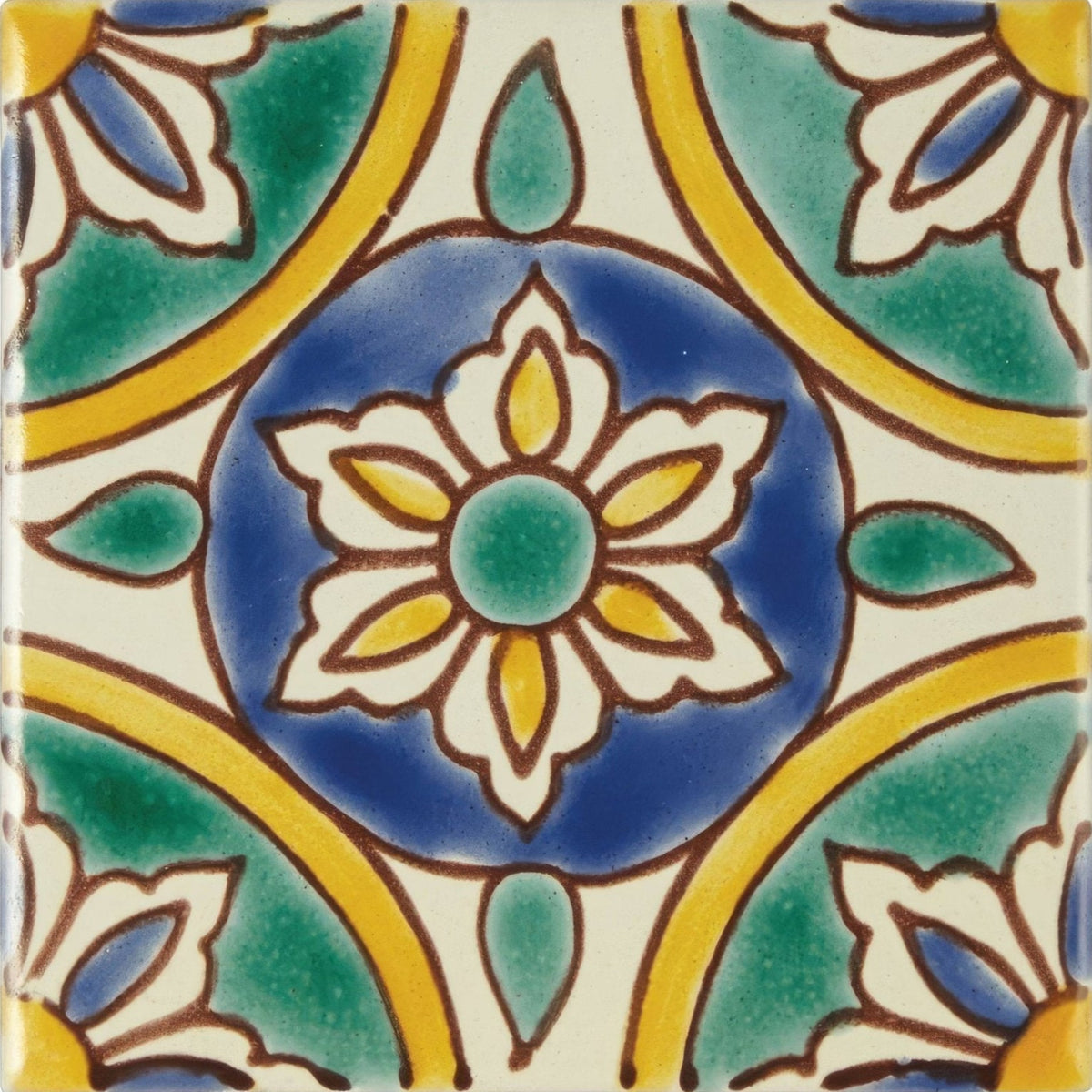 Acapulco Amaya 10x10cm square ceramic tile with vibrant hand-painted blue green and yellow floral design on cream background