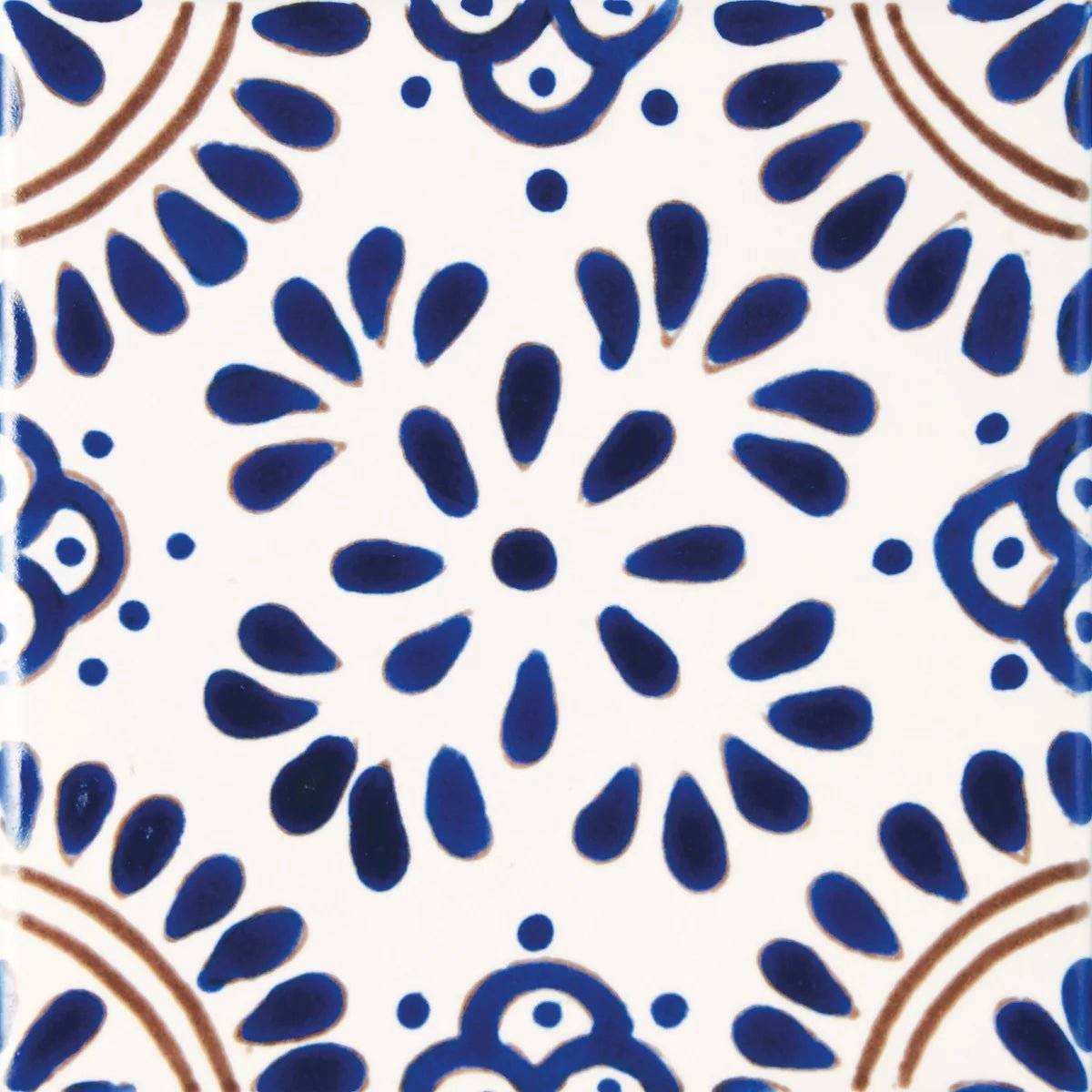 Acapulco lozano 10x10cm blue and white ceramic tile with intricate floral patterns and brown outlines