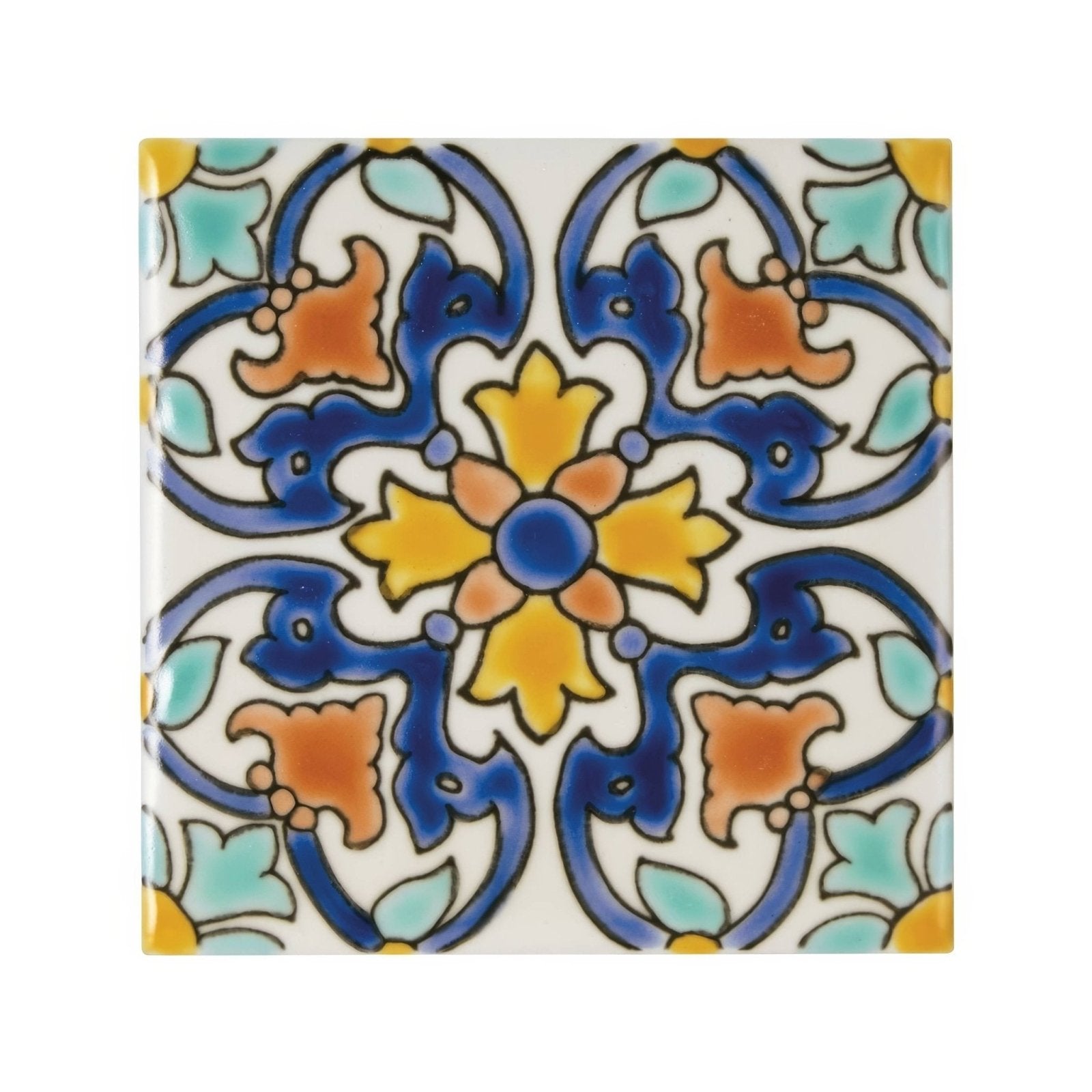 Acapulco luna 10x10cm square ceramic tile with vibrant hand-painted blue yellow orange and teal floral vine pattern