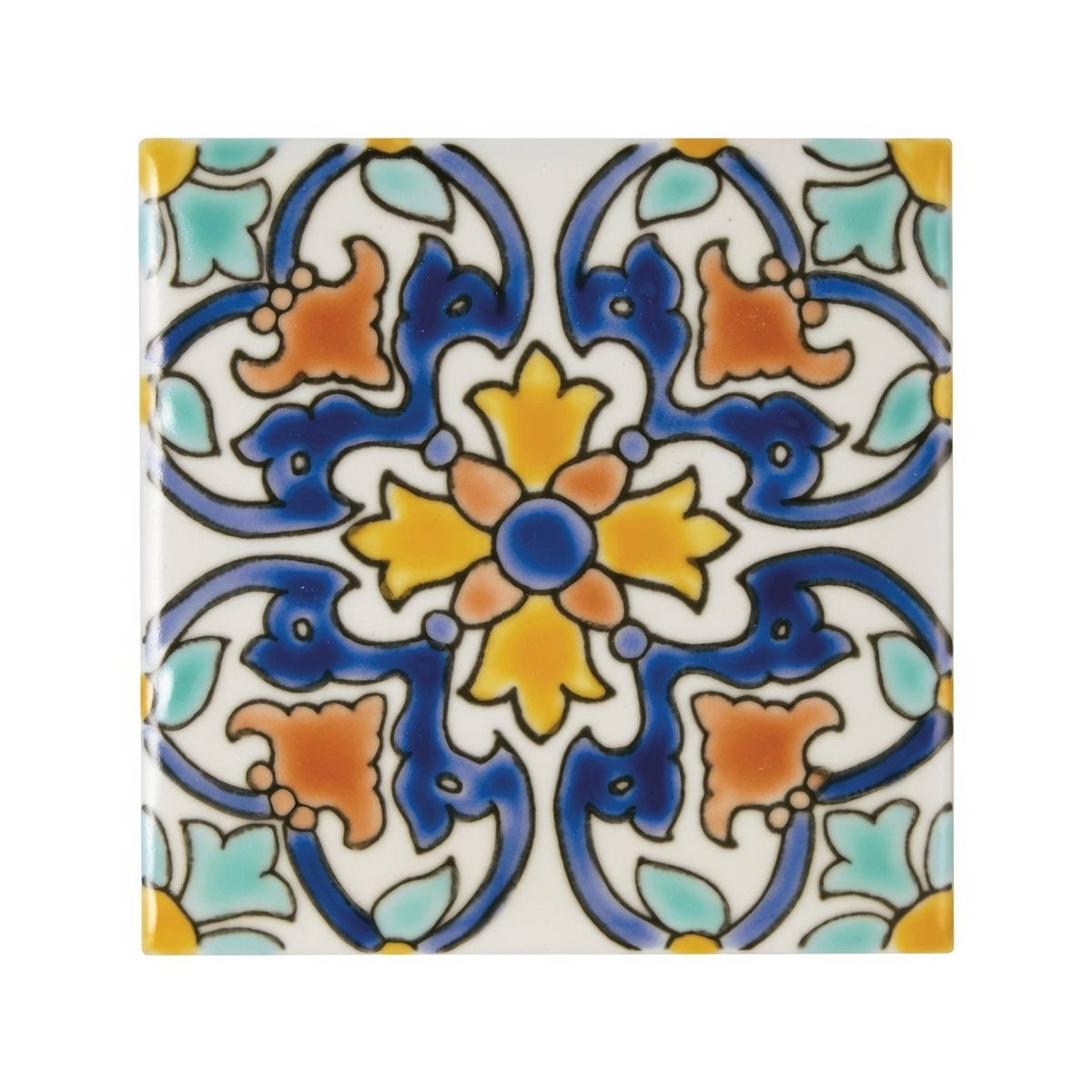 Acapulco luna 10x10cm square ceramic tile with vibrant hand-painted blue yellow orange and teal floral vine pattern