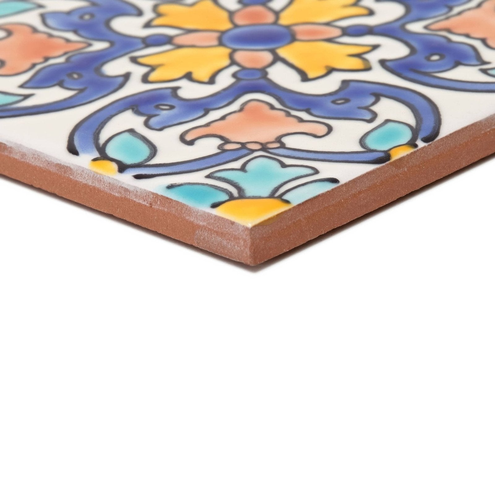 A square ceramic tile acapulco luna 10x10cm with a vibrant hand painted floral pattern in blue yellow and teal on white