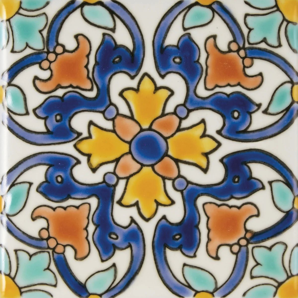 Acapulco Luna 10x10cm hand-painted ceramic tile with a symmetrical floral design in blue yellow and orange on white background