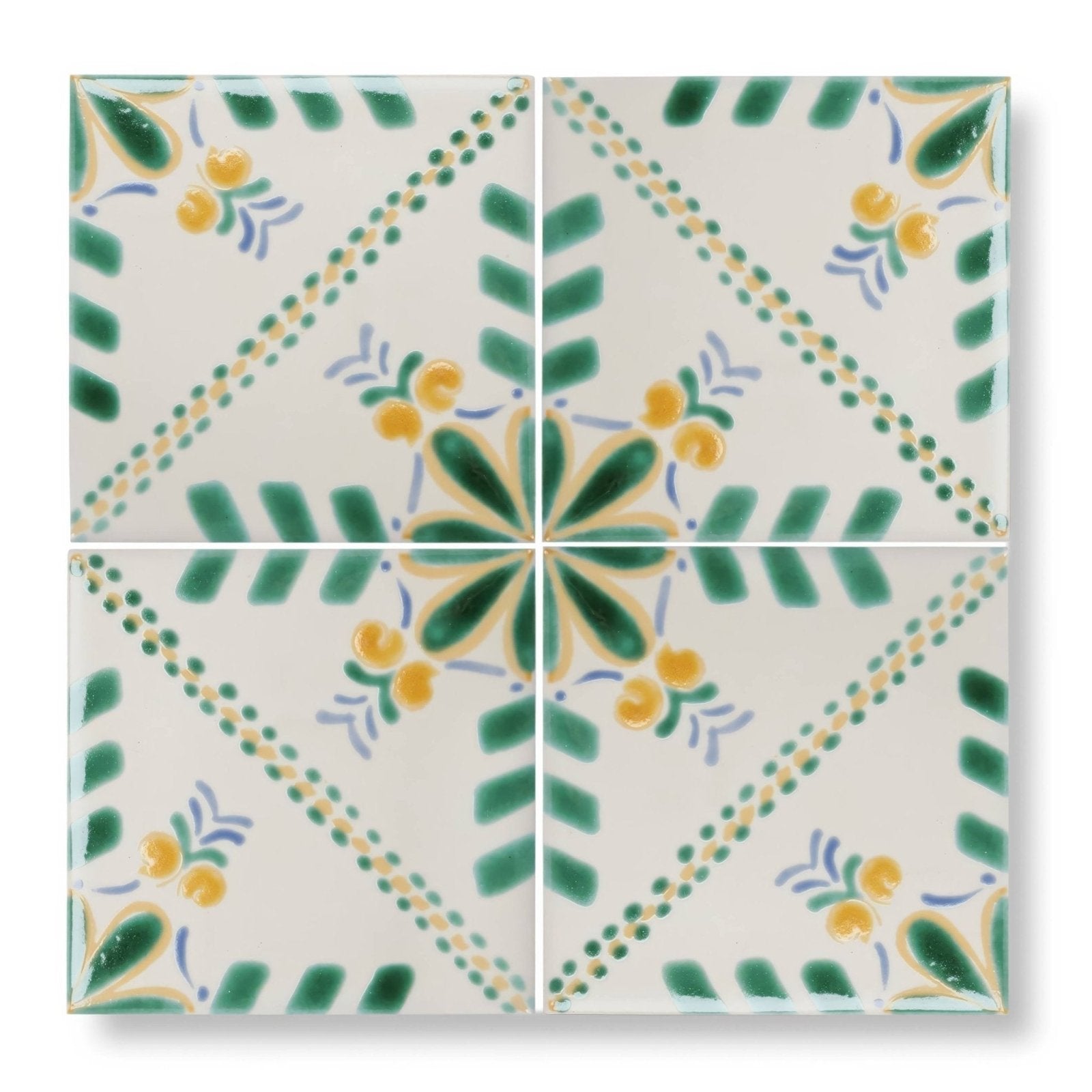Acapulco merida 10x10cm four-square ceramic tile set with white base green and yellow floral motifs and blue accents