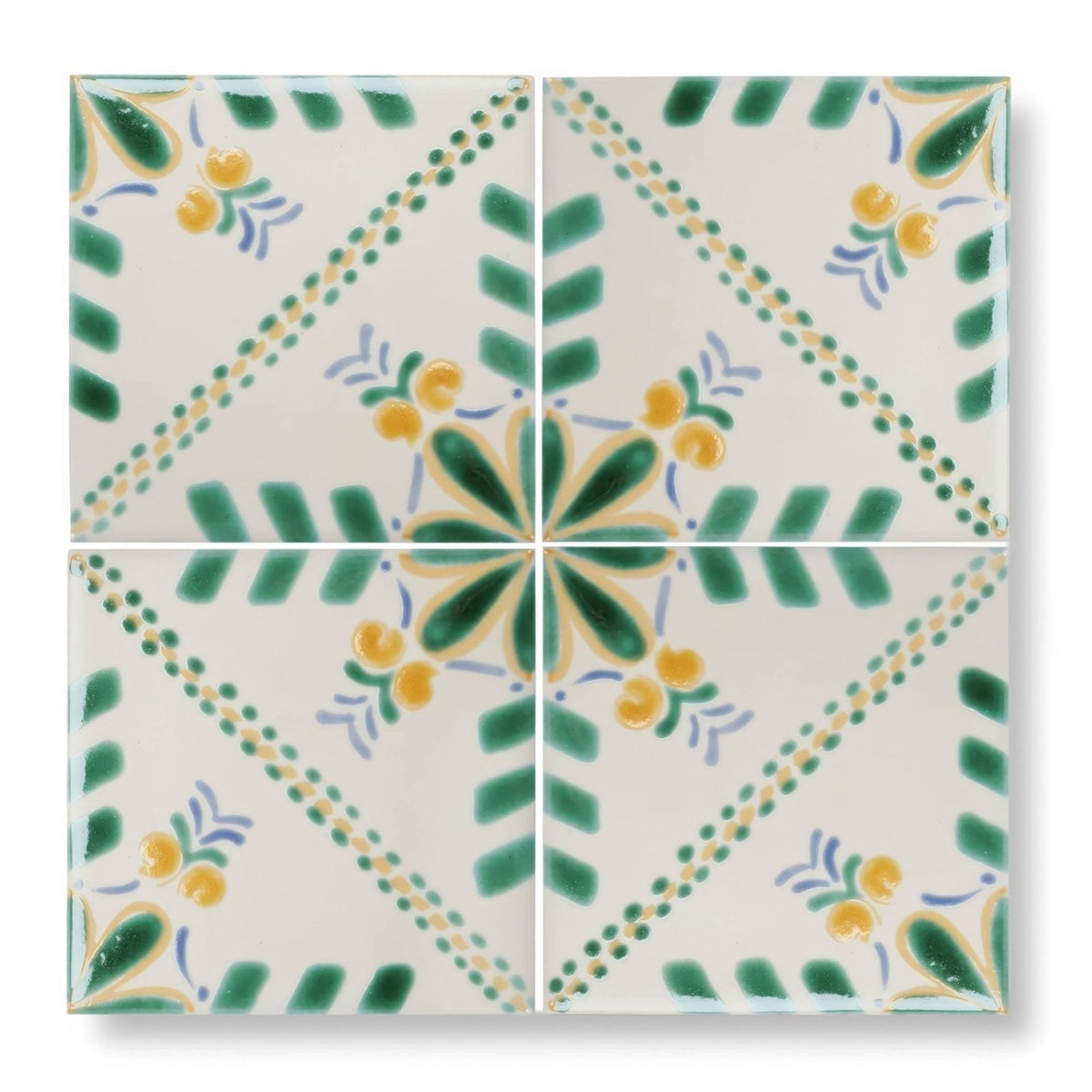 Acapulco merida 10x10cm four-square ceramic tile set with white base green and yellow floral motifs and blue accents