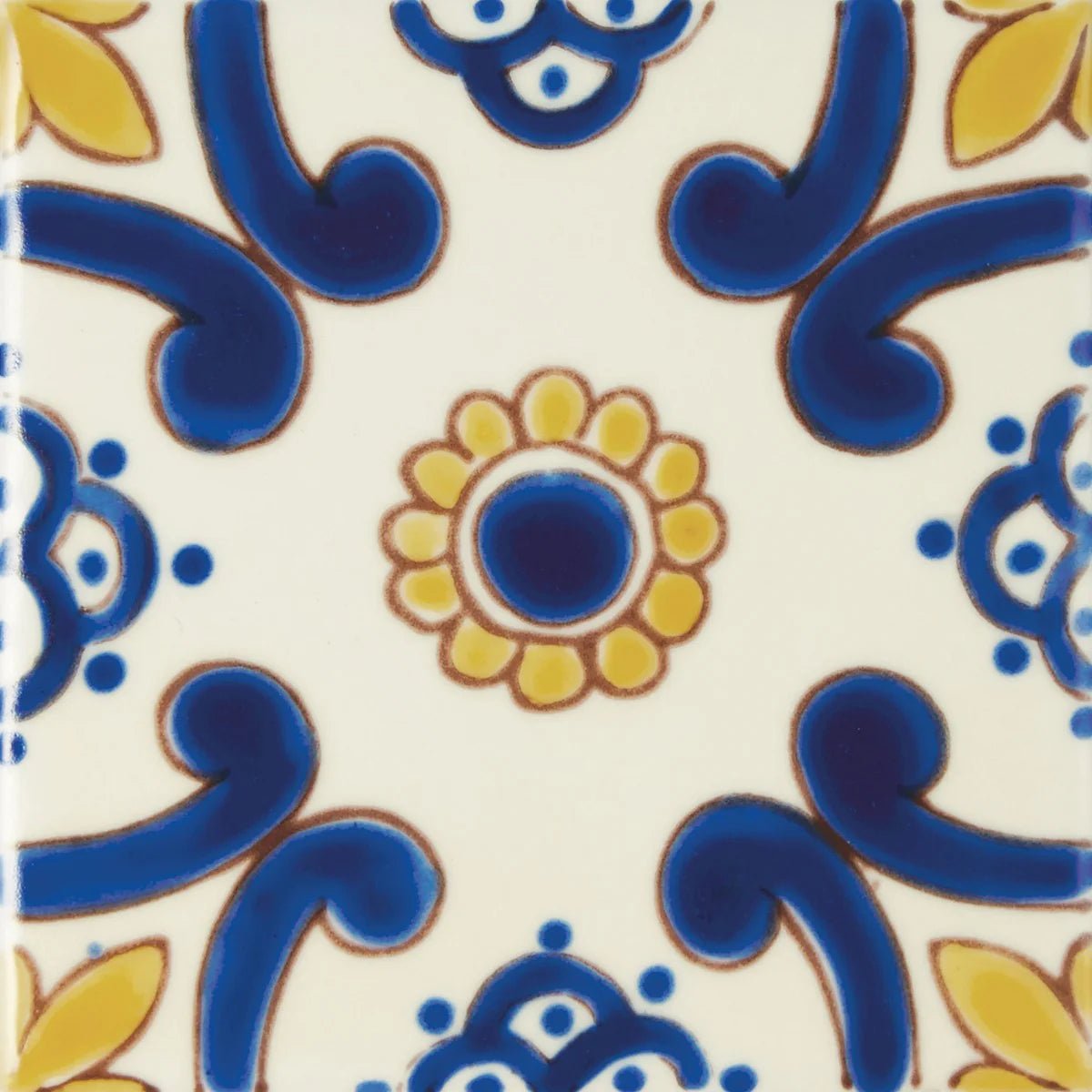 Acapulco ortiz 10x10cm blue and yellow ceramic tile with symmetrical floral pattern on off-white background