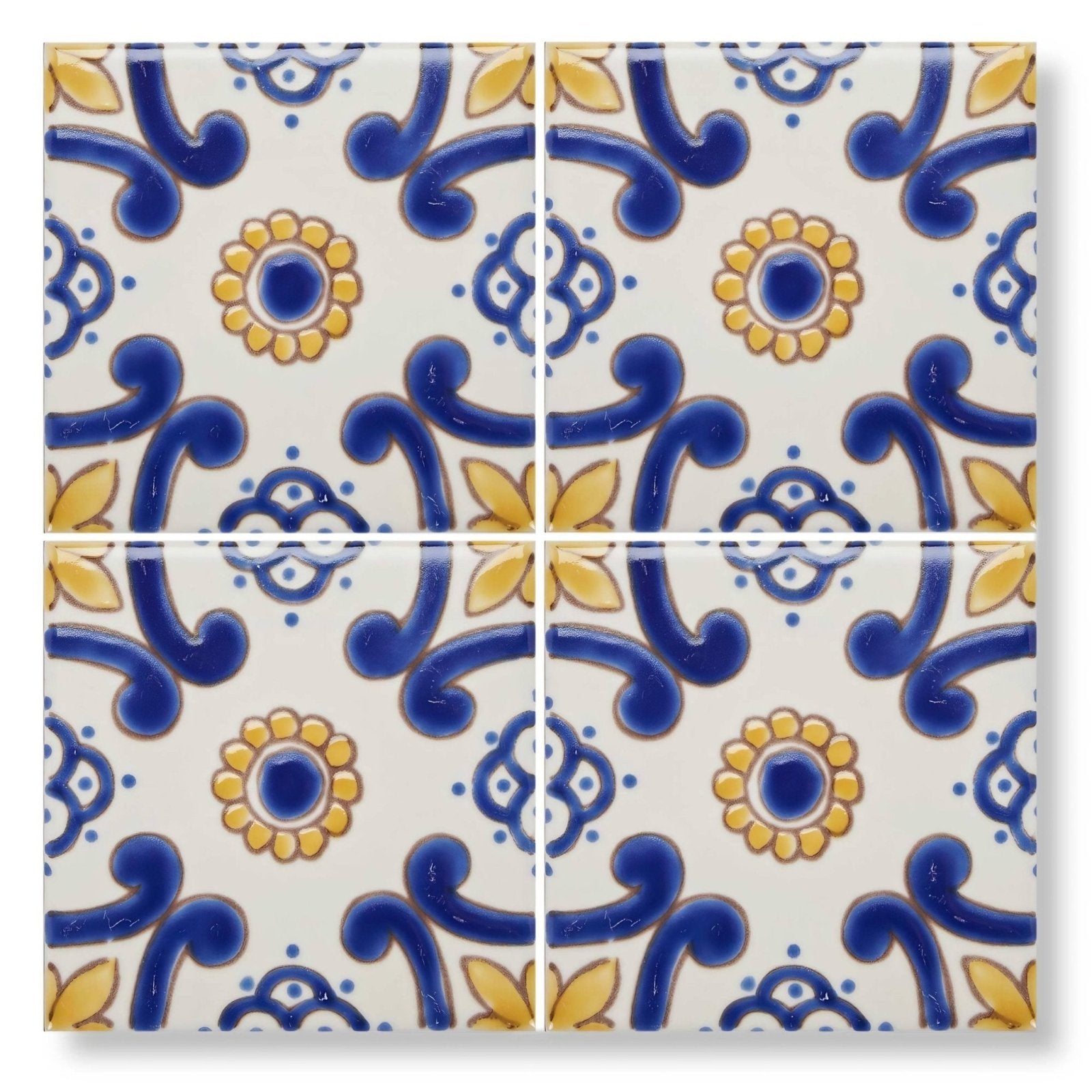 Acapulco ortiz 10x10cm blue and yellow patterned ceramic tiles with intricate floral and scrollwork designs