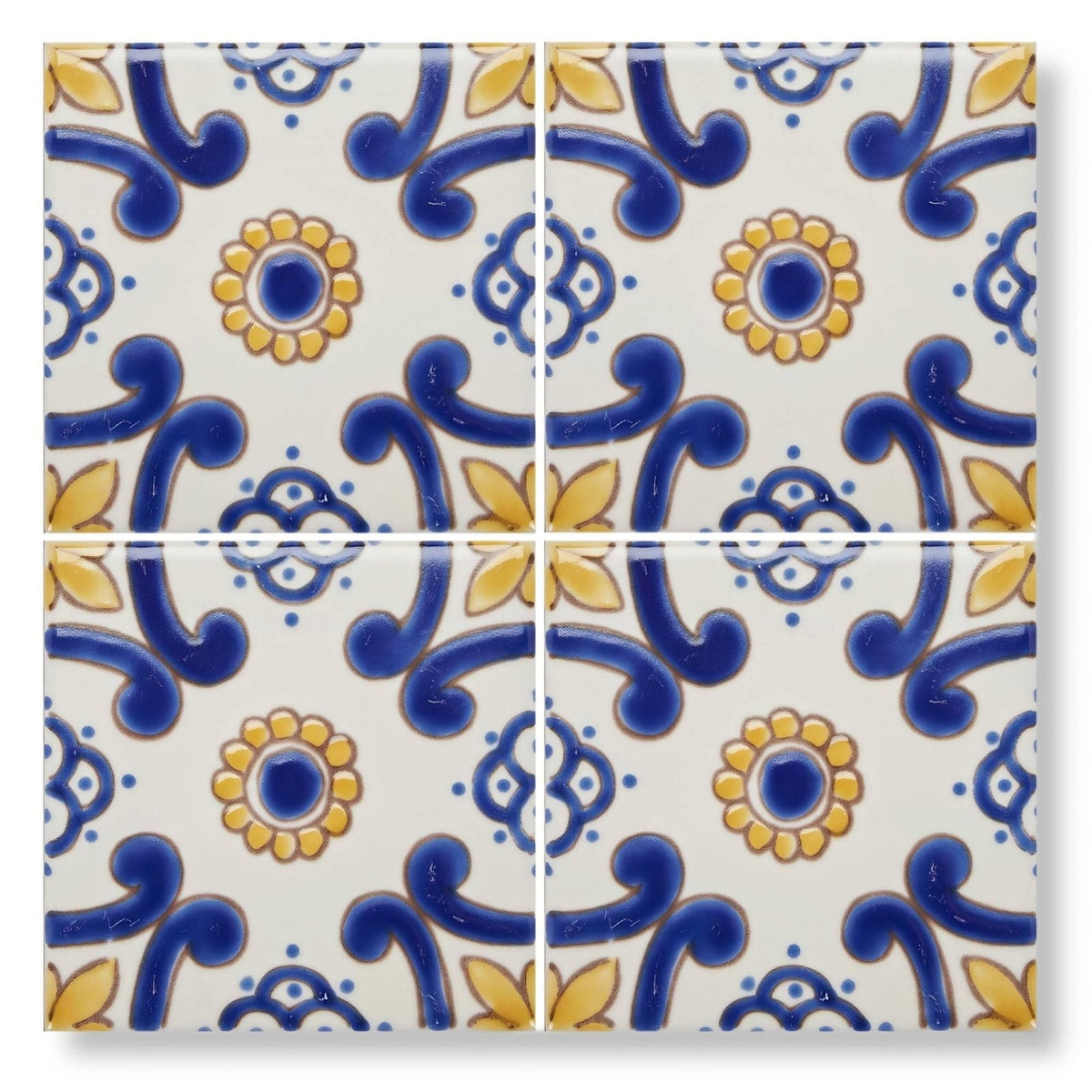 Acapulco ortiz 10x10cm blue and yellow patterned ceramic tiles with intricate floral and scrollwork designs