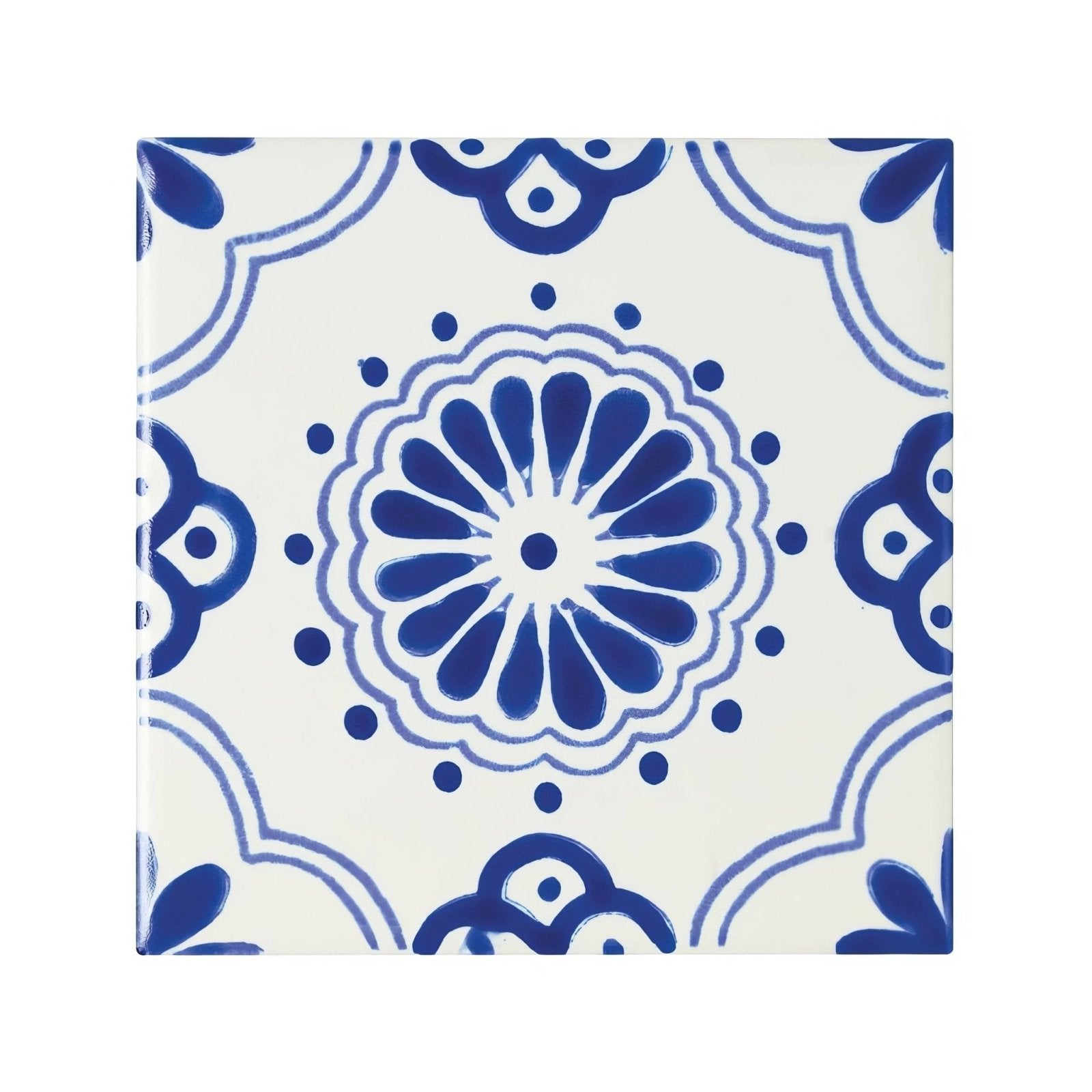 A square ceramic tile acapulco salazar 10x10cm with white base and blue hand-painted floral and swirl patterns