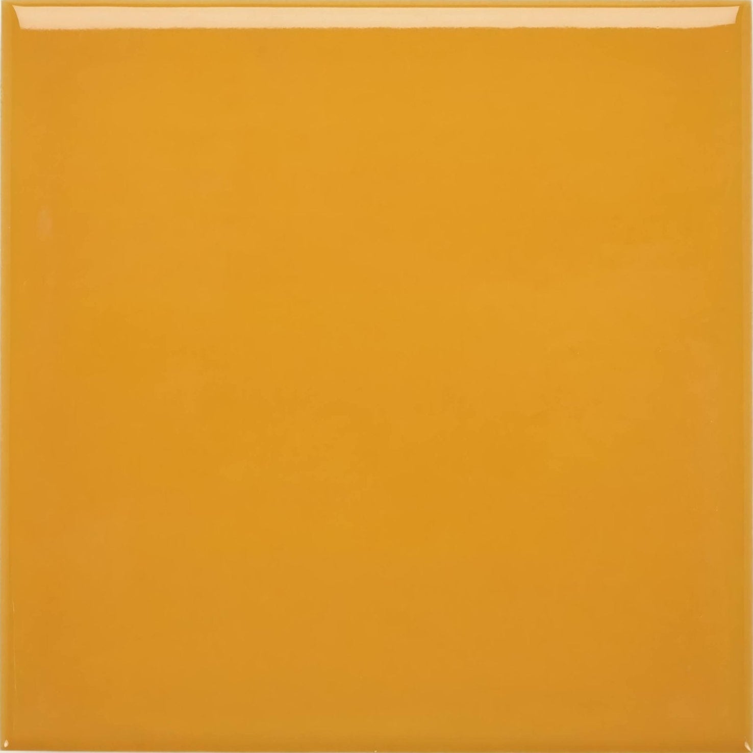 A glossy mustard yellow Acapulco Yellow City 10x10cm ceramic tile with smooth surface and slightly raised edges