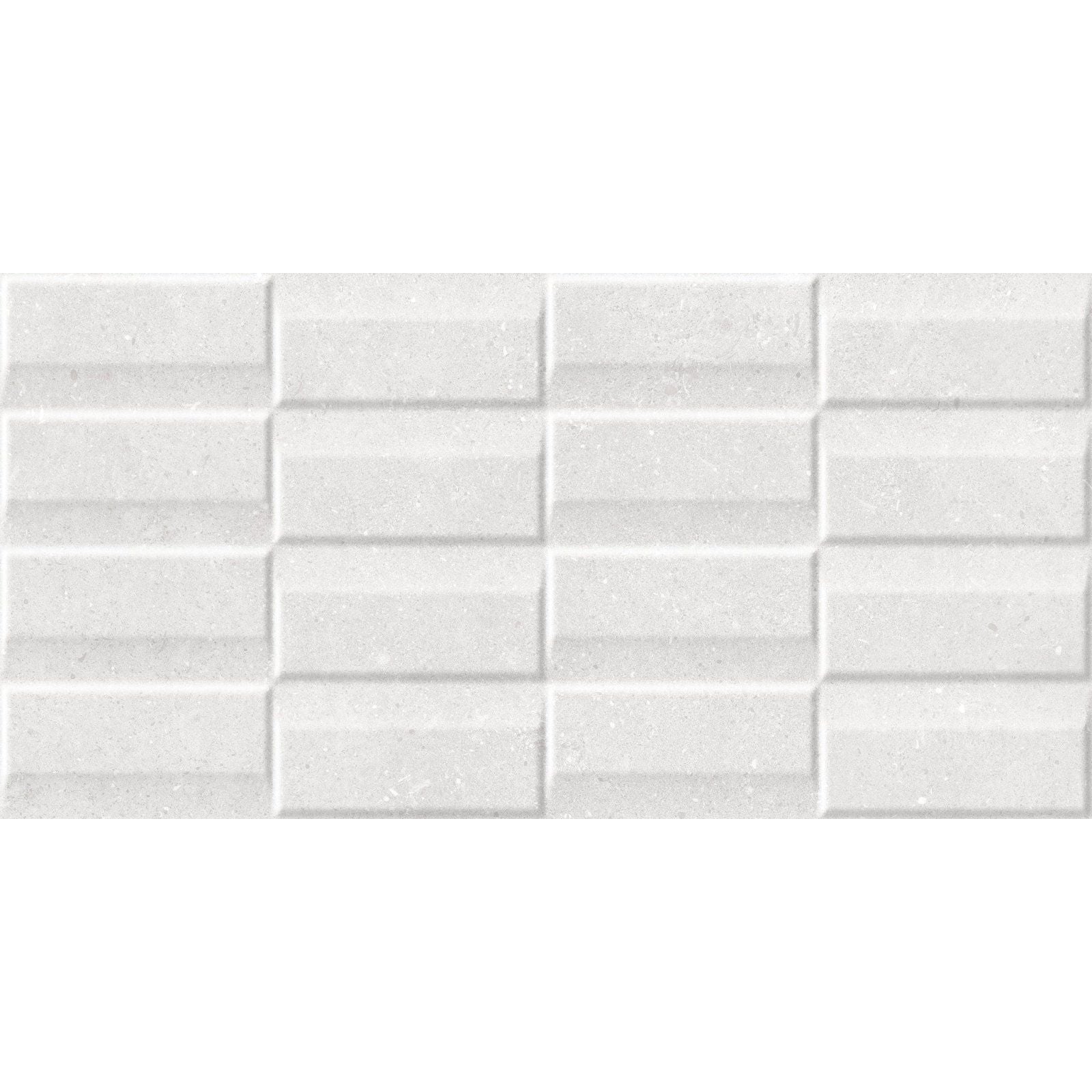 White rectangular ceramic tiles acorn white exact decor with subtle texture and raised edges in a grid pattern
