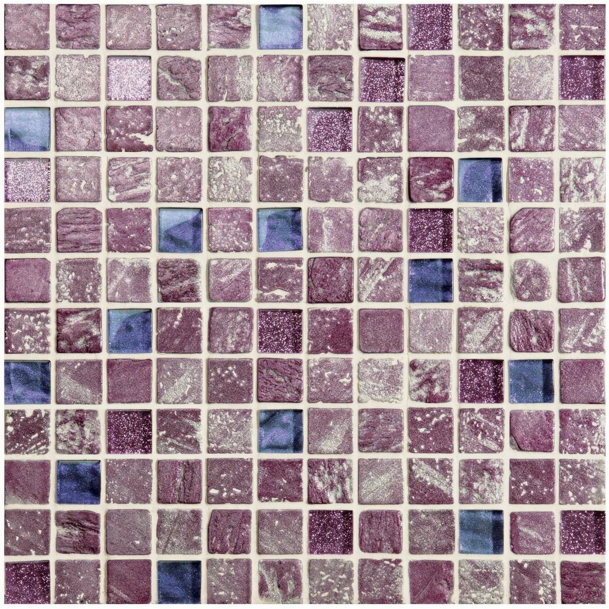 Actamira glass and stone mosaic with purple and blue glittery textured square tiles arranged in a grid pattern