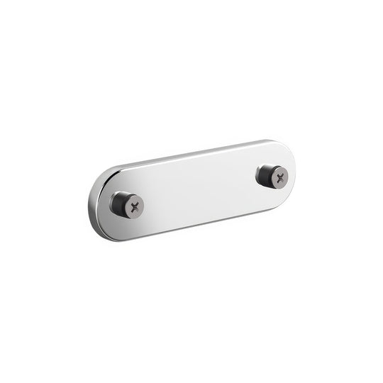 Chrome-finished rectangular wall-mounted towel rack with two black screw caps and adhesive backplate for shower baskets