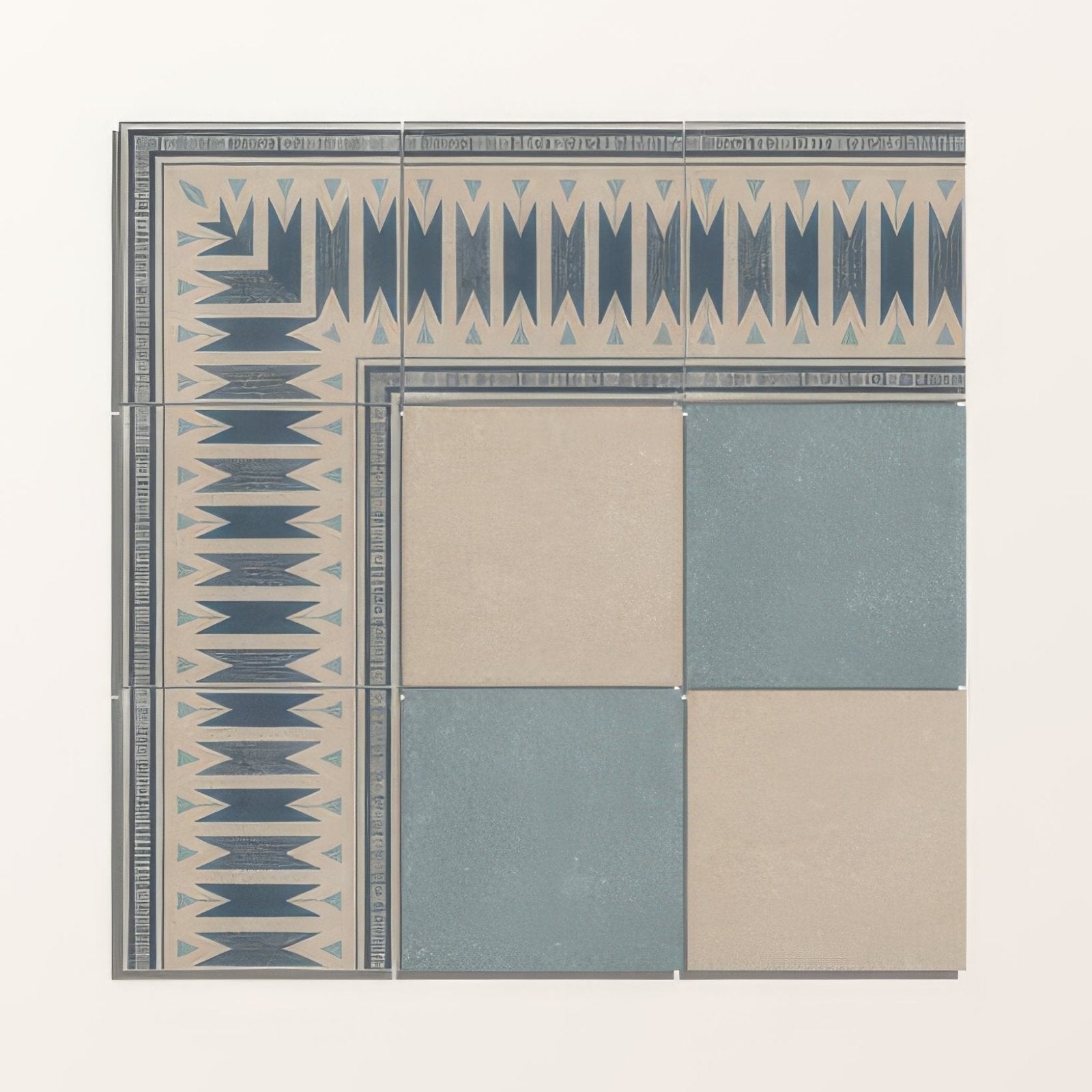 Square ceramic adventuras ecru field porcelain tile set with navy blue beige and muted teal geometric patterns