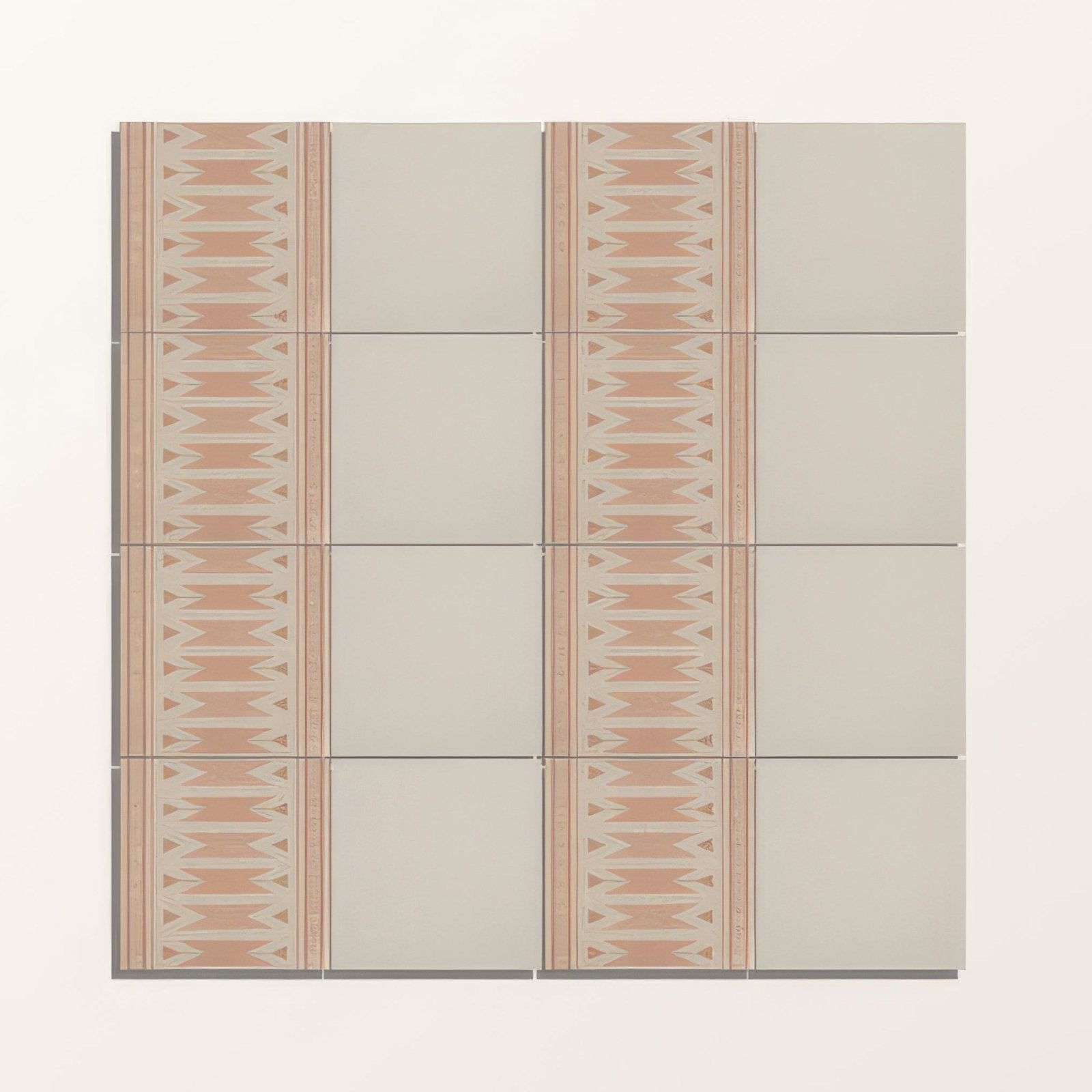 Set of six adventuras ecru field porcelain tiles with beige base and muted rose gold geometric vertical bands