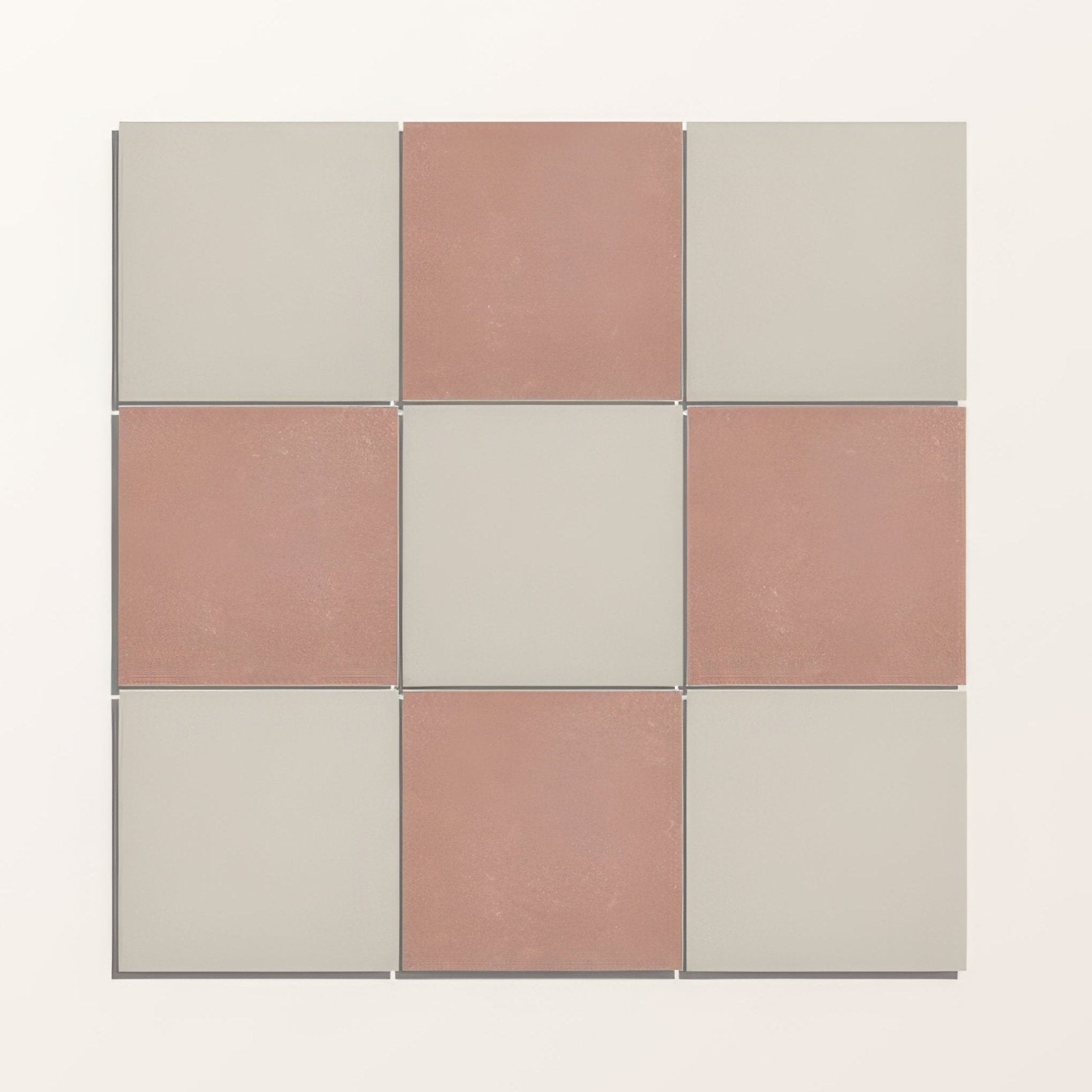 Adventuras Ecru Field porcelain square mosaic tile with muted pink and soft gray checkerboard pattern