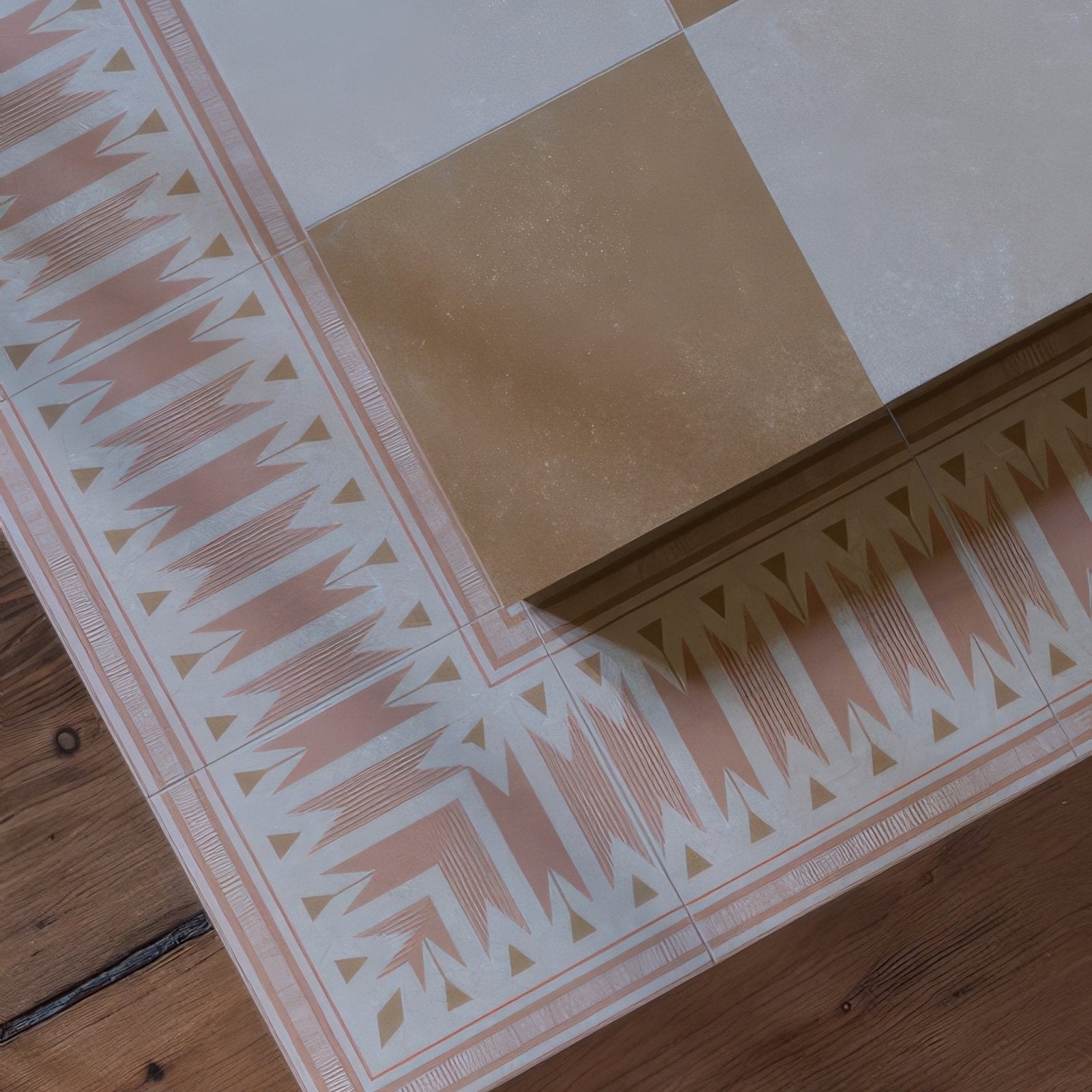 Beige and white geometric patterned adventuras linen field porcelain floor tiles with decorative border for indoor use