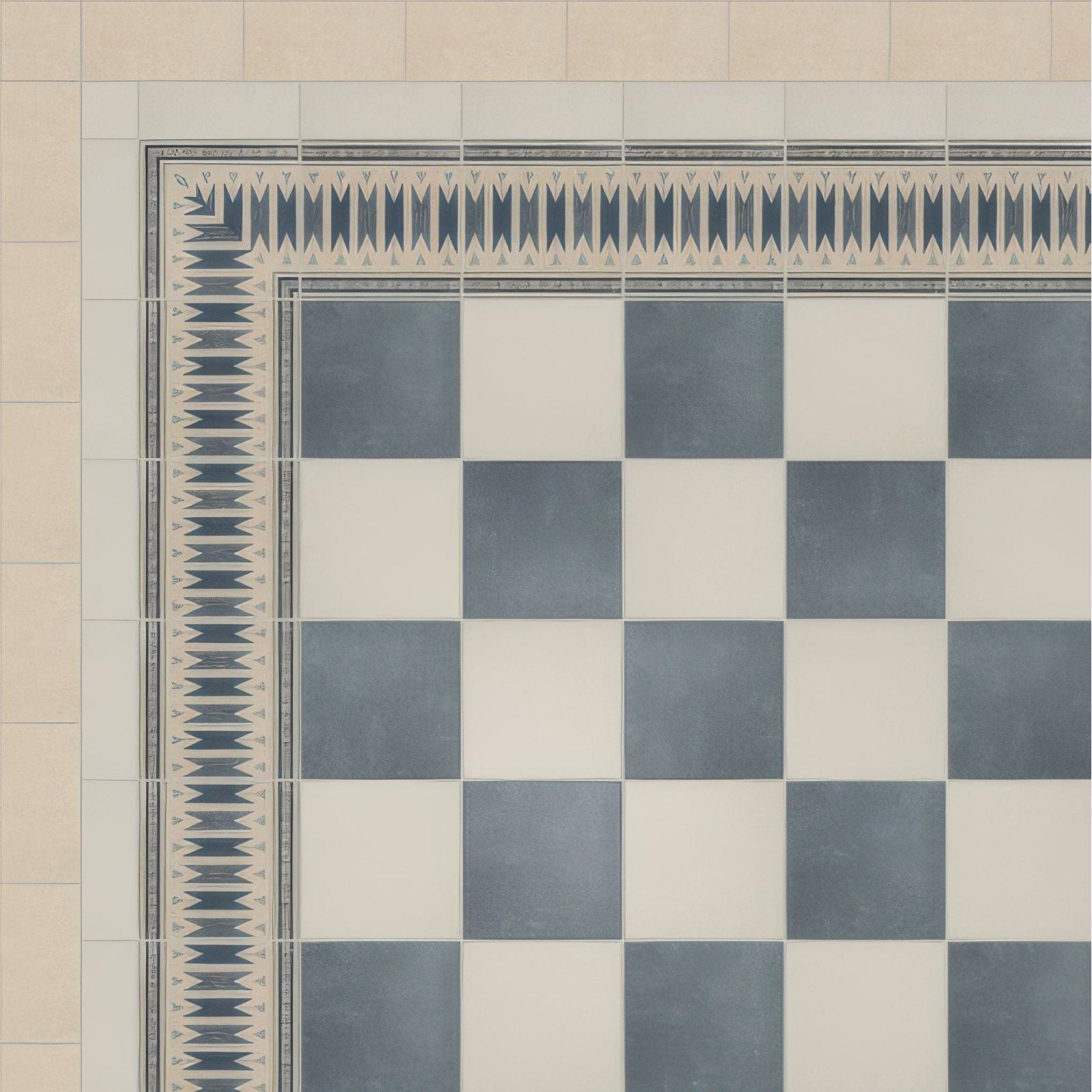 A classic black and white checkered tile floor with an ornate geometric border in adventuras linen field porcelain