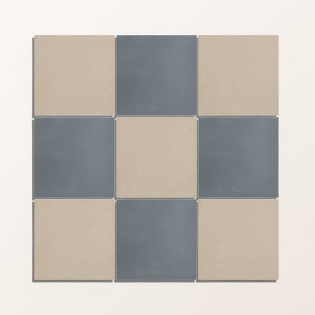 Adventuras linen field porcelain nine square tiles in a 3x3 grid with beige and slate gray matte finishes
