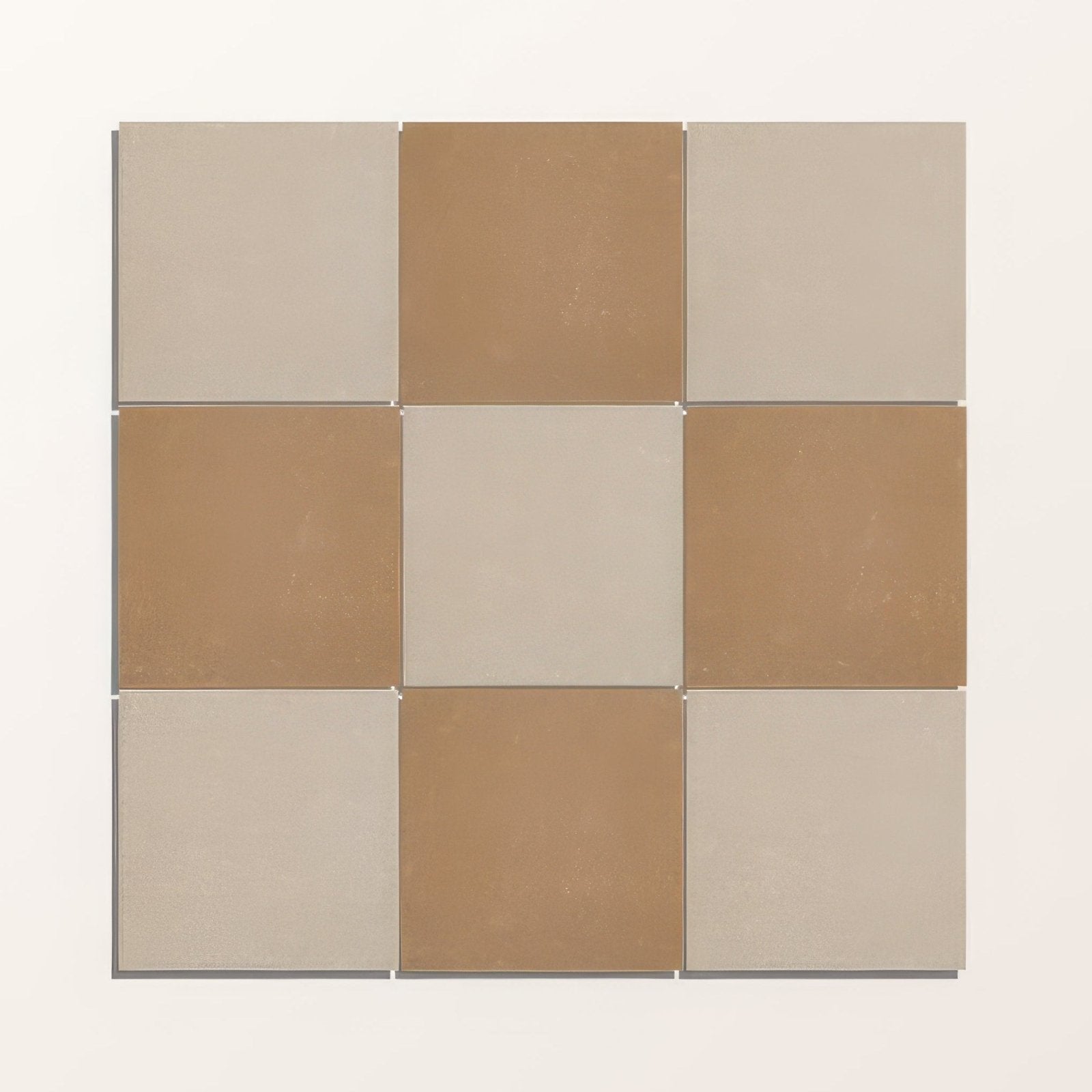 Nine square porcelain tiles in adventuras linen field featuring matte beige and warm tan tones in a 3x3 grid