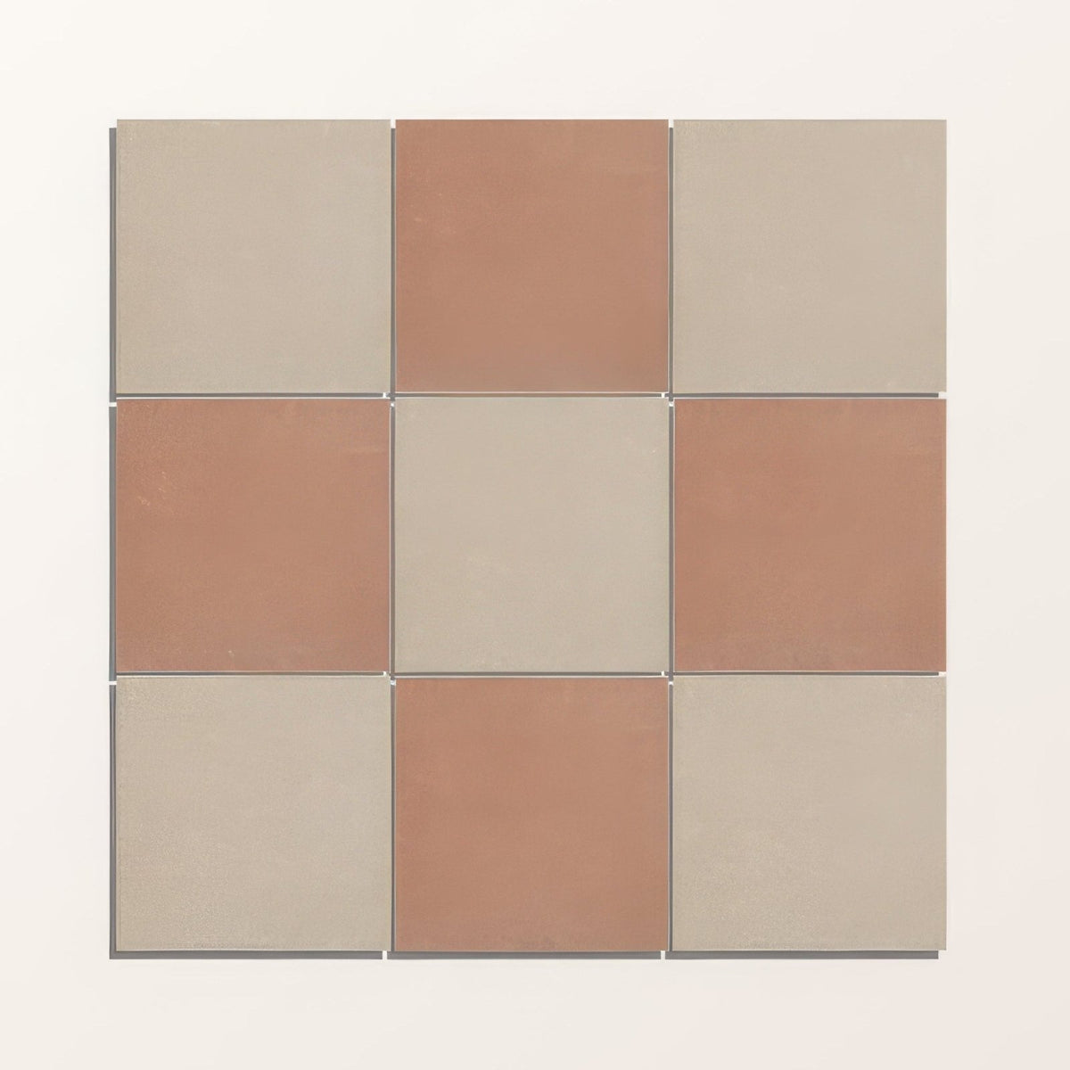 A square adventuras linen field porcelain tile panel with a 3x3 grid of beige and terracotta mosaic tiles