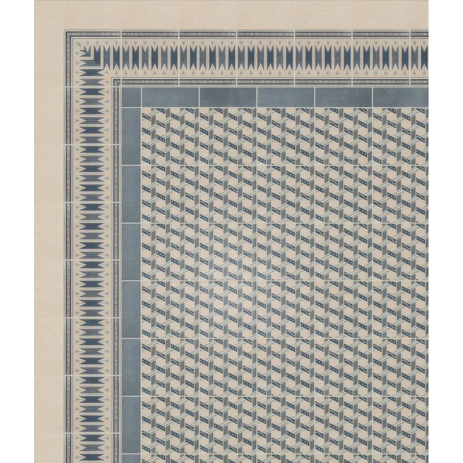 Beige and gray geometric patterned adventuras malla blue porcelain tile with decorative border in porcelain material