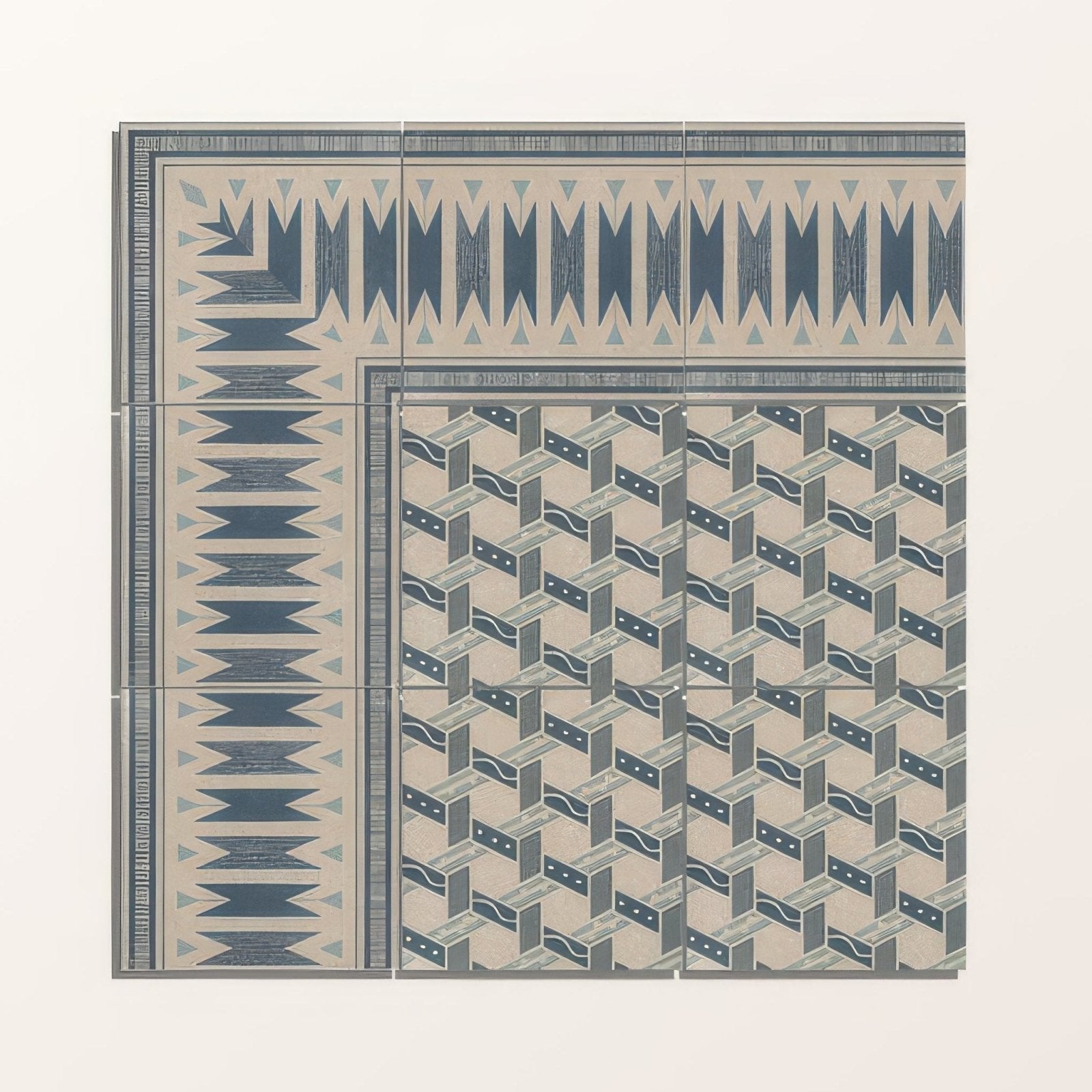 Set of four adventuras malla blue porcelain square tiles with navy blue gray and beige geometric patterns