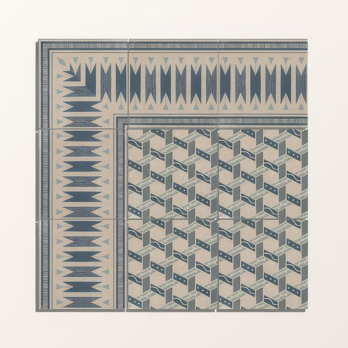 Set of four adventuras malla blue porcelain square tiles with navy blue gray and beige geometric patterns