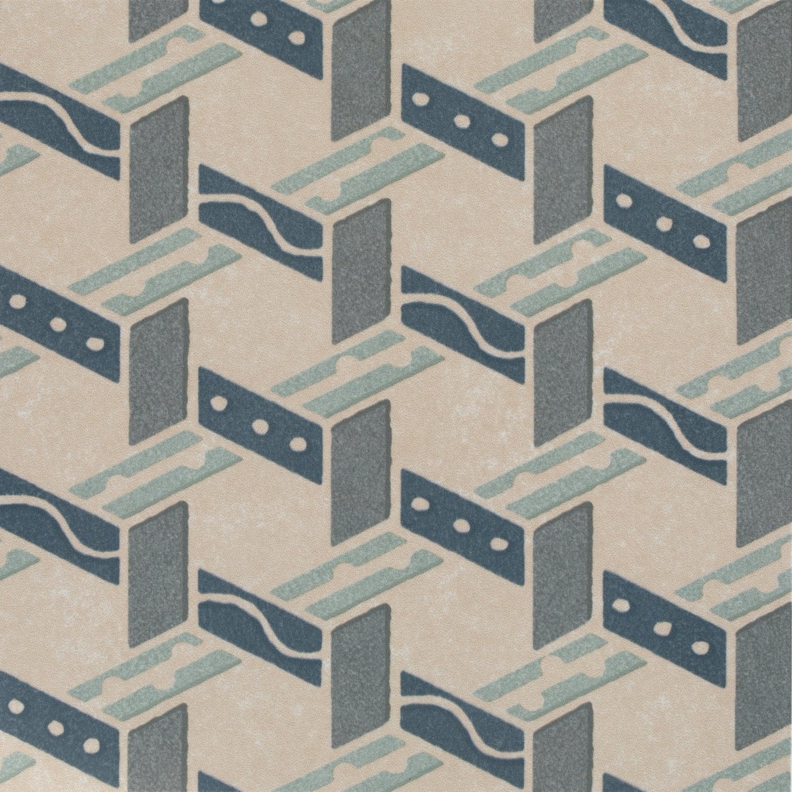 Beige wallpaper adventuras malla blue porcelain with repeating blue and gray geometric rectangles wavy lines and dots