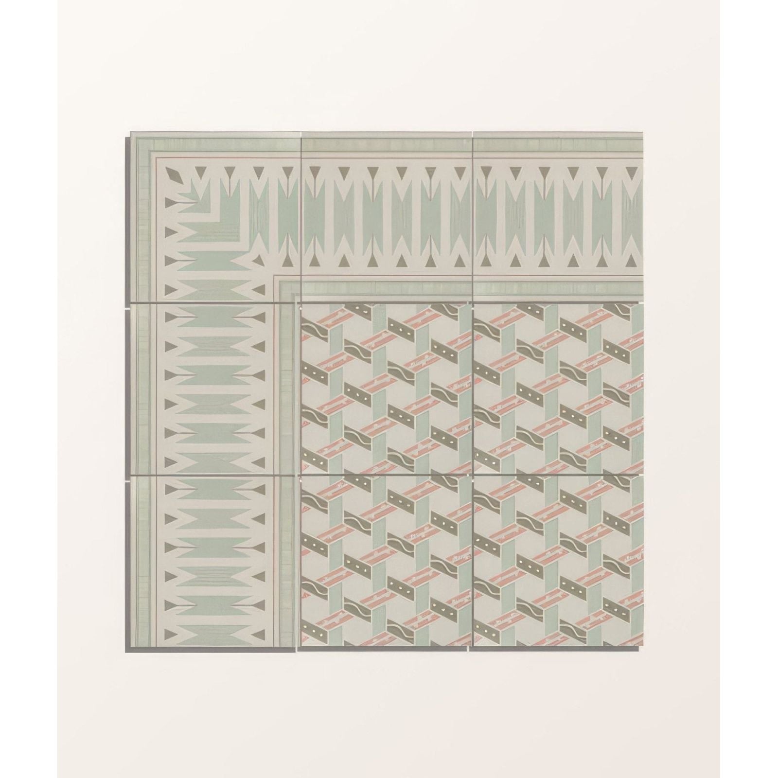 Six square ceramic adventuras malla olive porcelain tiles with geometric patterns in sage green and dusty rose on cream background
