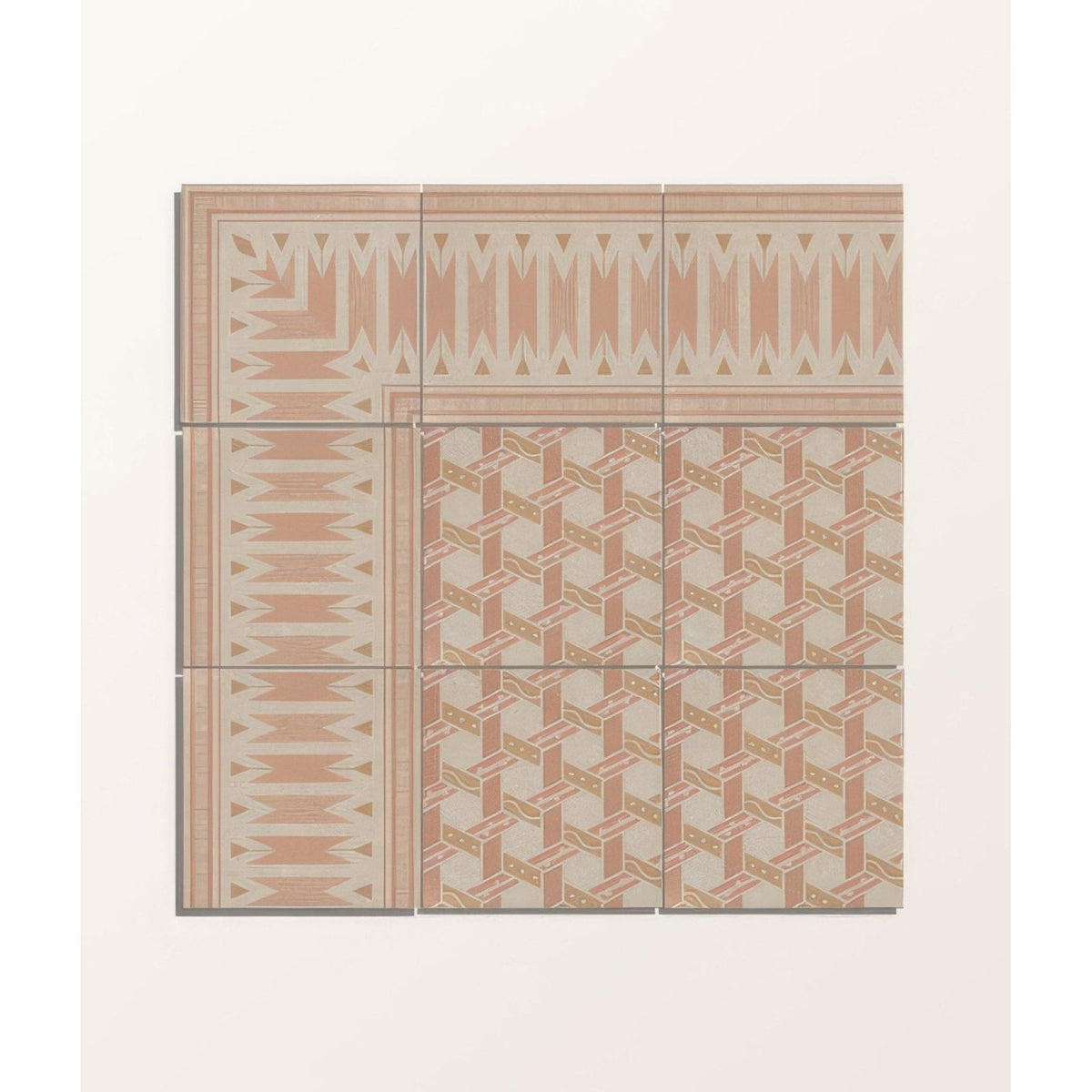 Six square adventuras malla terracotta porcelain tiles with geometric patterns in muted terracotta cream and metallic accents