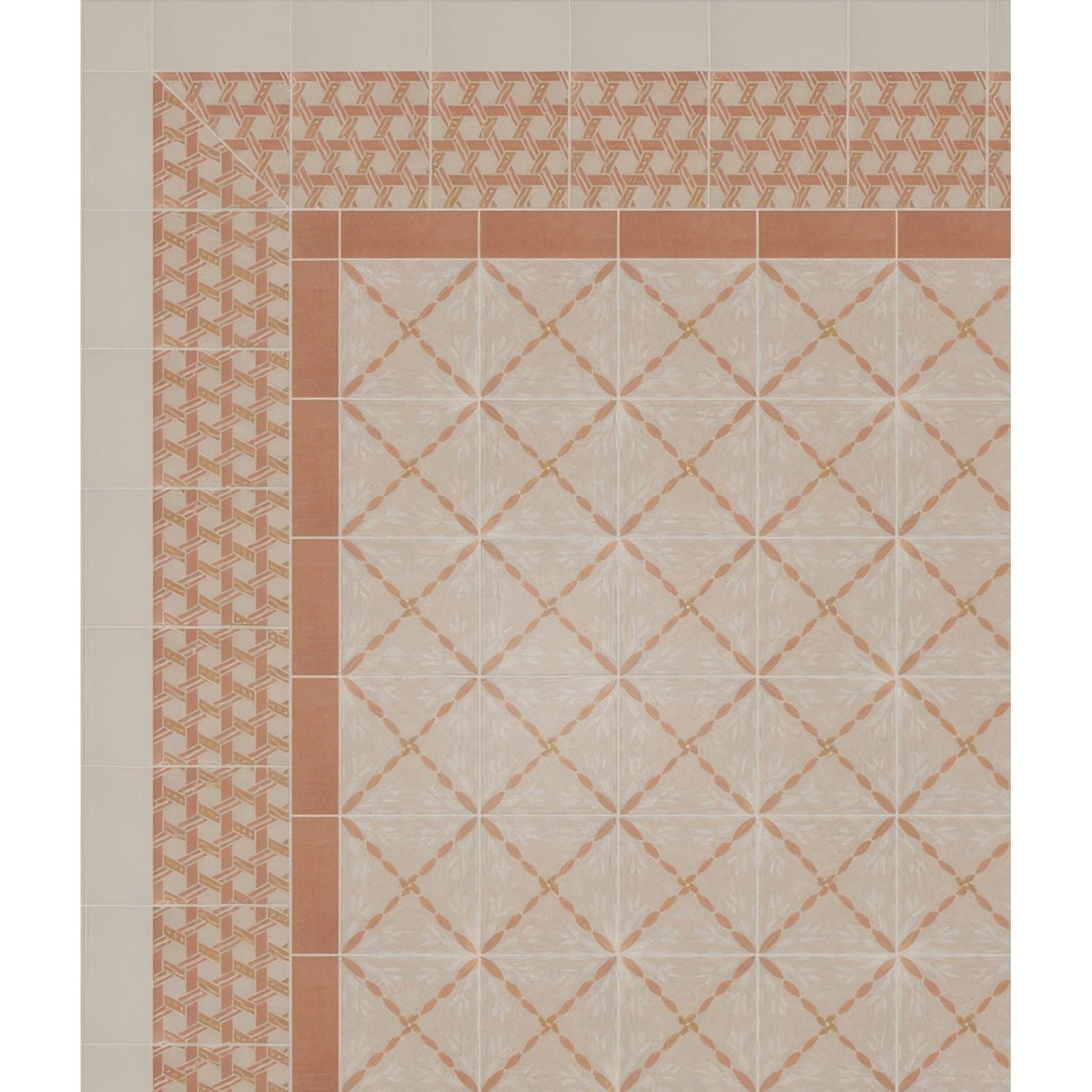Beige and terracotta patterned porcelain floor tiles with woven lattice design in adventuras malla terracotta collection