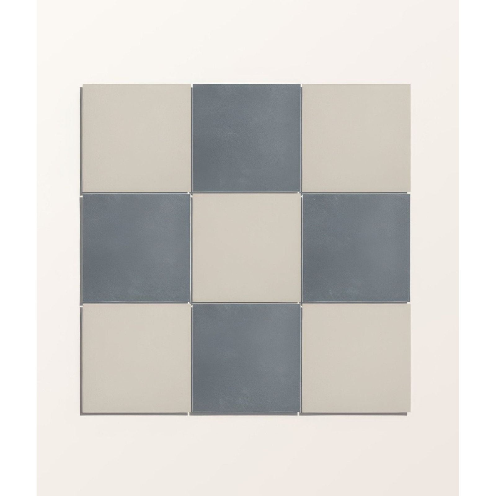 Adventuras Navy Field porcelain minimalist checkerboard wall art with nine matte gray and beige square tiles