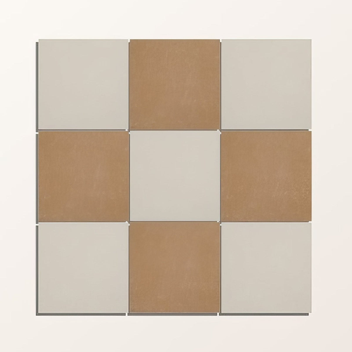 Nine adventuras ochre field porcelain tiles arranged in a 3 by 3 grid alternating matte beige and warm tan colors