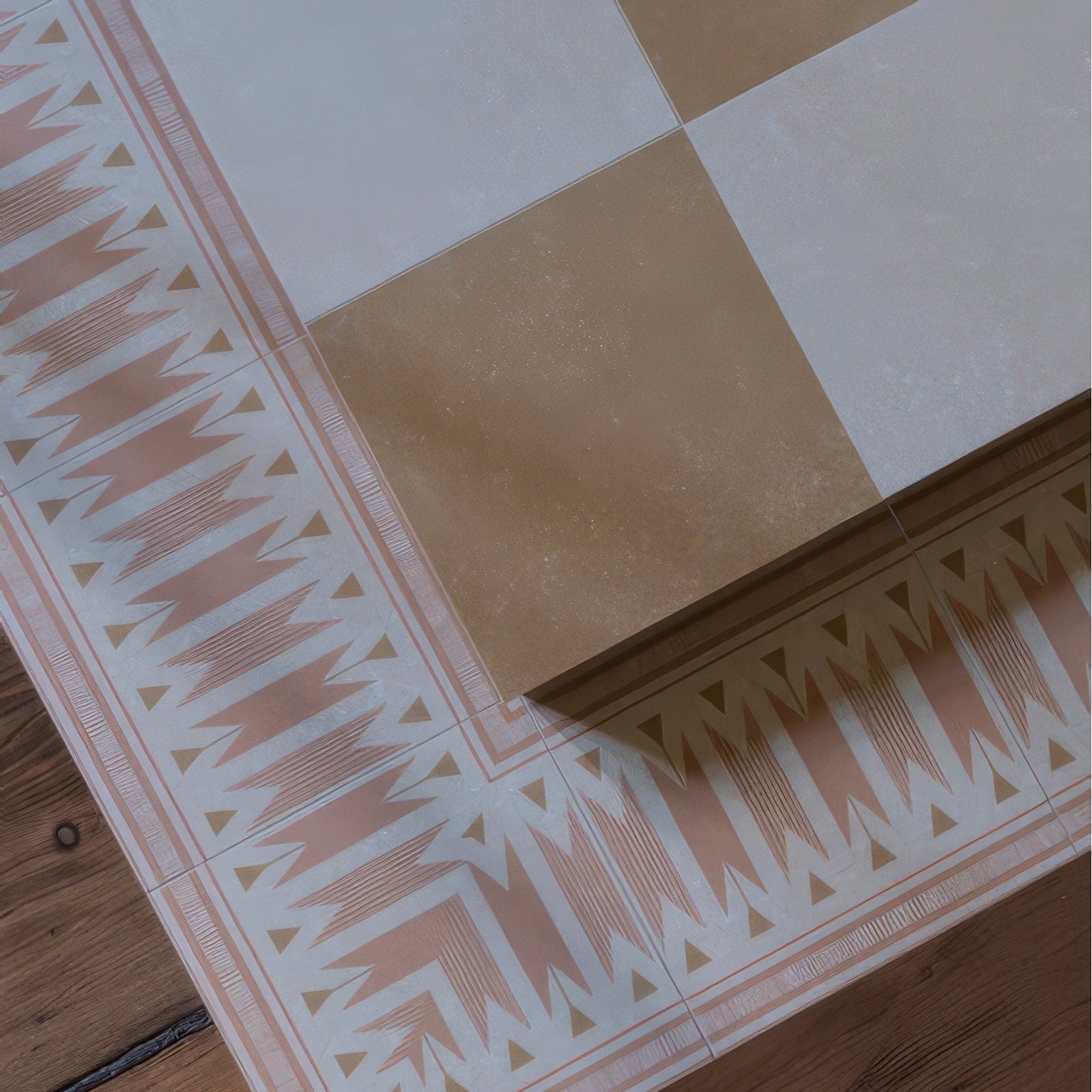 Beige and white checkered adventuras ochre field porcelain floor tiles with geometric border patterns