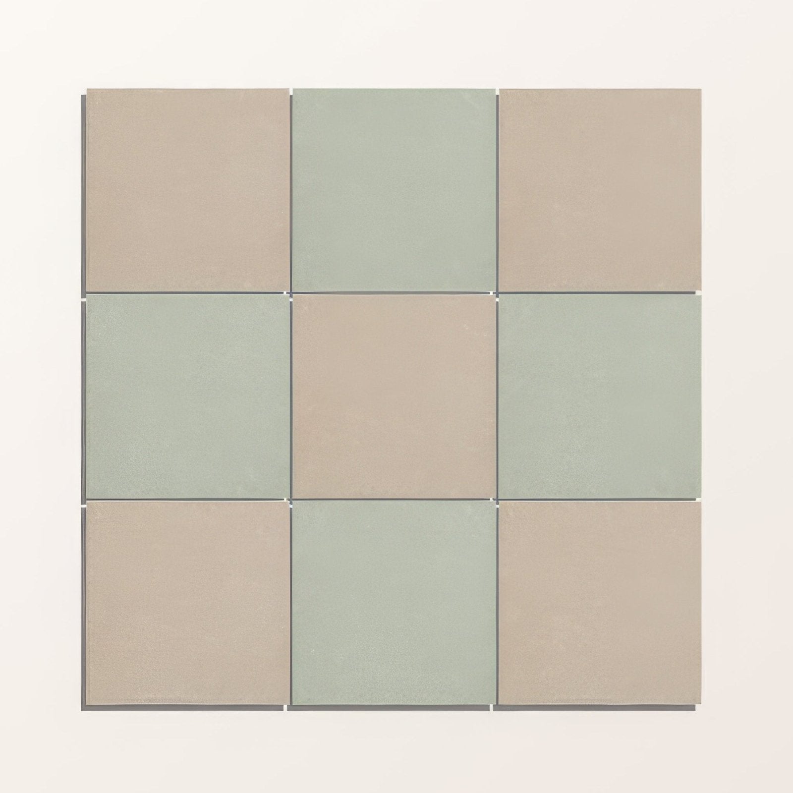 Nine square adventuras olive field porcelain tiles in muted beige and sage green with smooth matte finish arranged in a grid