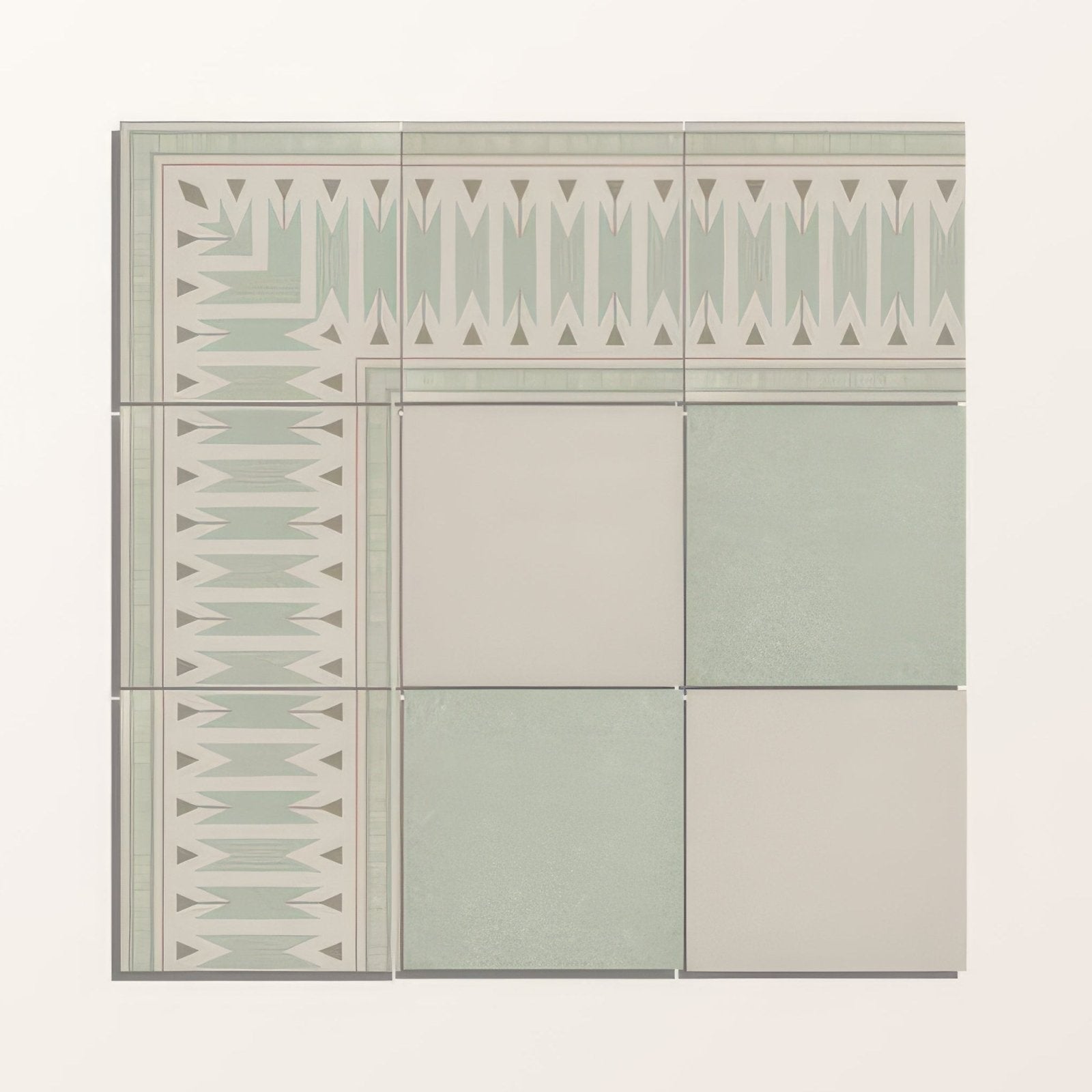 Set of six Adventuras olive field porcelain square ceramic tiles in muted sage and off-white with geometric triangular patterns