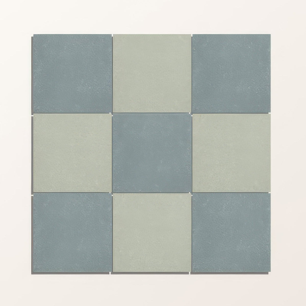 Adventuras olive field porcelain nine square tiles in a 3x3 grid with matte muted blue gray and sage green colors