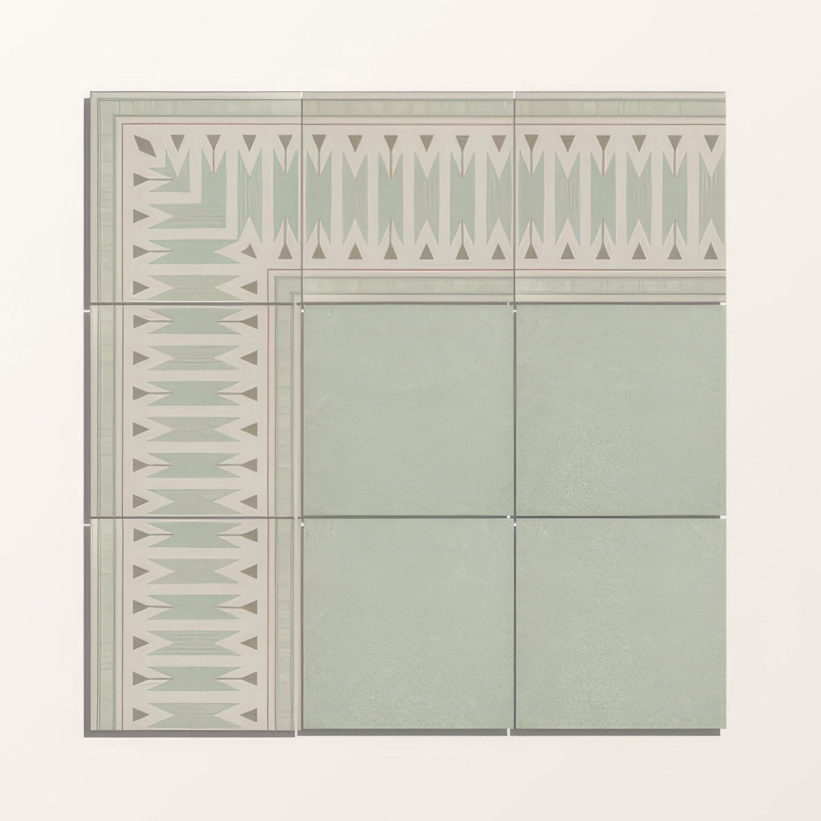 Set of six matte sage green porcelain ceramic tiles with geometric patterned borders from adventuras olive field