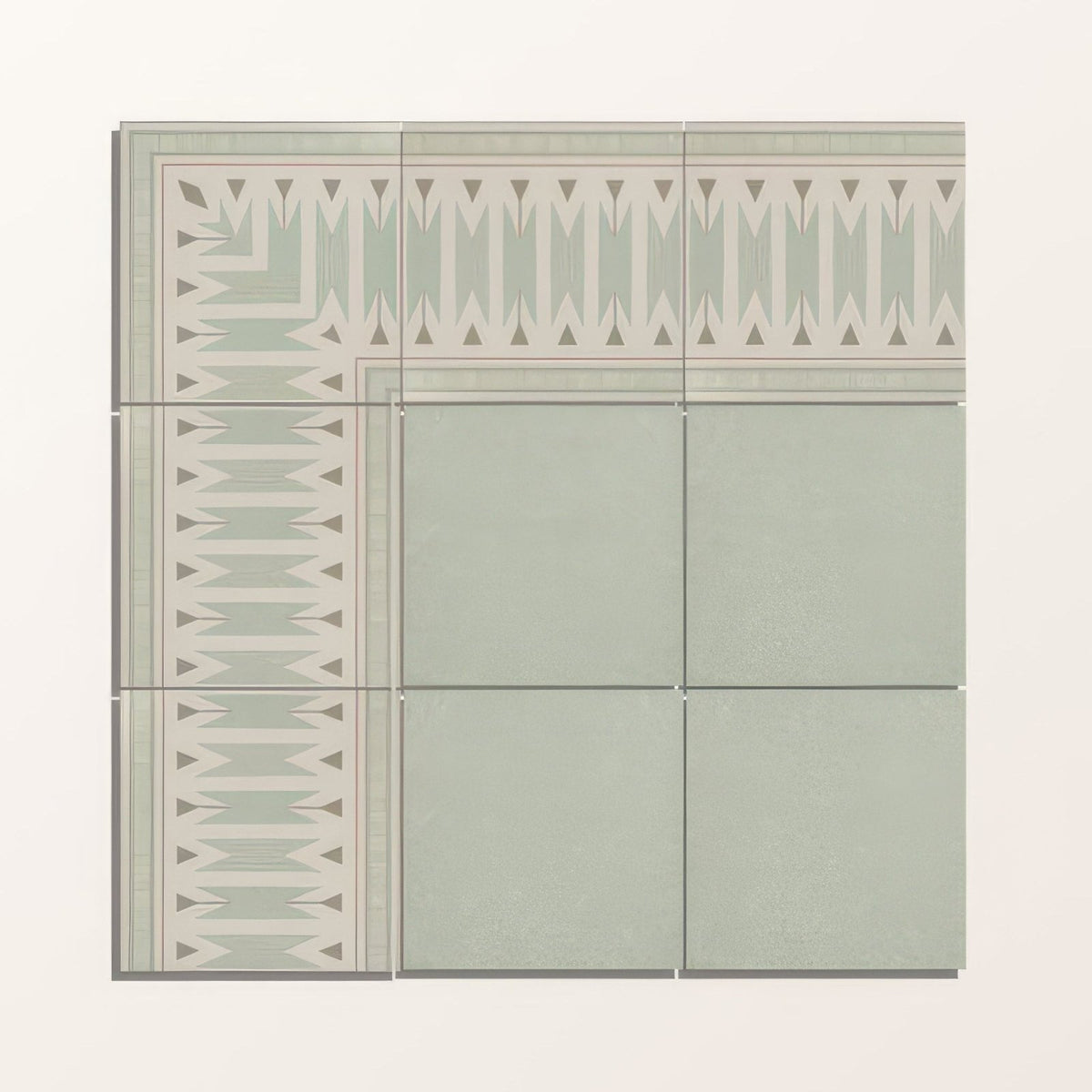 Set of six matte sage green porcelain ceramic tiles with geometric patterned borders from adventuras olive field