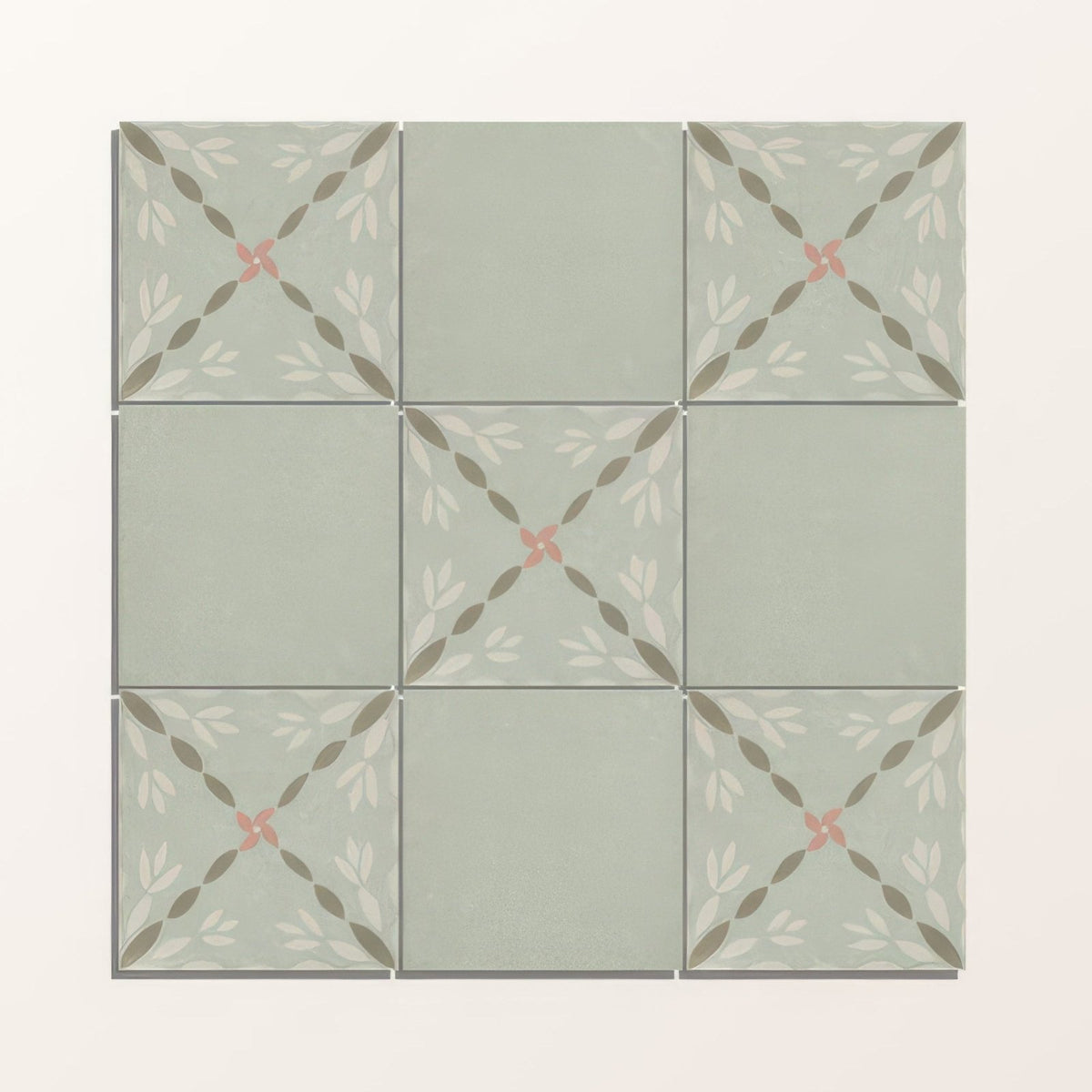 Square ceramic adventuras olive field porcelain tiles with soft sage green base and white gray leaf patterns with pink floral accents