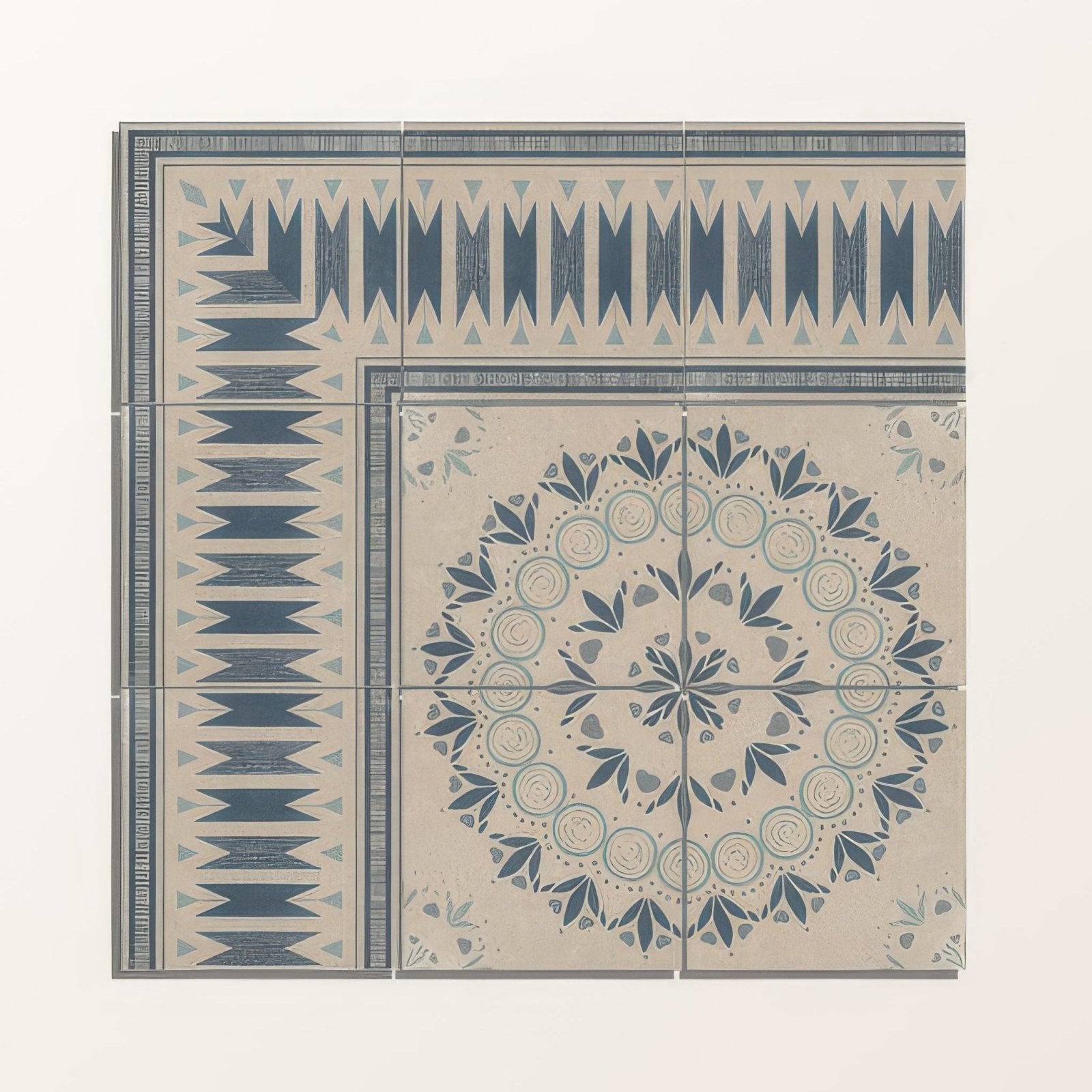 Beige and blue patterned ceramic floor tile with geometric border design in adventuras palma blue porcelain style