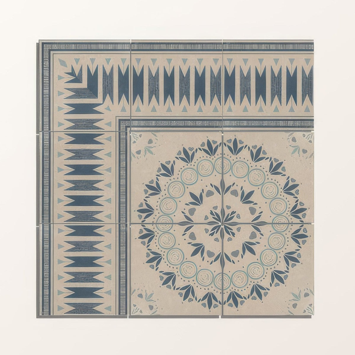 Beige and blue patterned ceramic floor tile with geometric border design in adventuras palma blue porcelain style